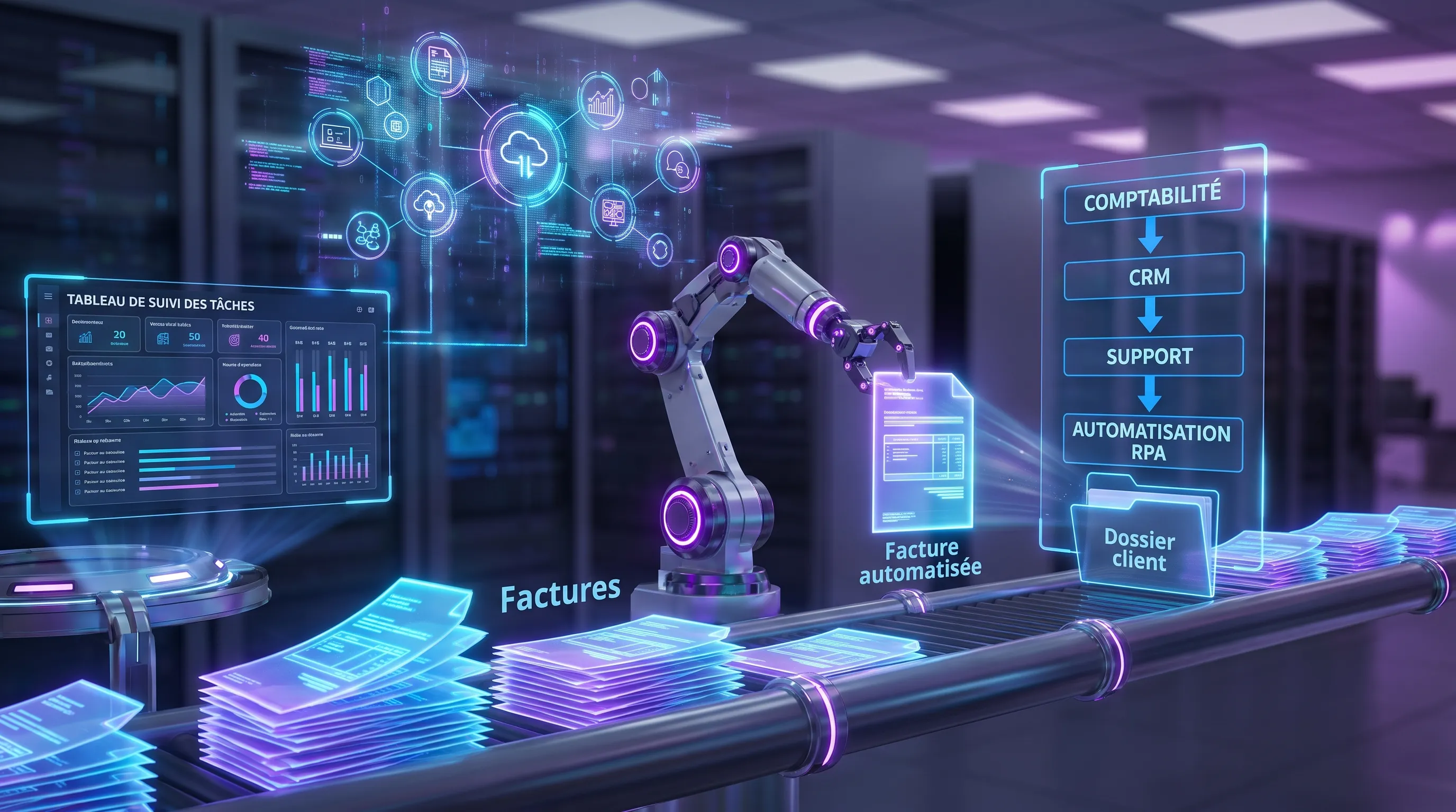 Invoices, a tracking dashboard, client files, and arrows connecting accounting, CRM, and support, illustrating administrative tasks automated by an RPA robot.