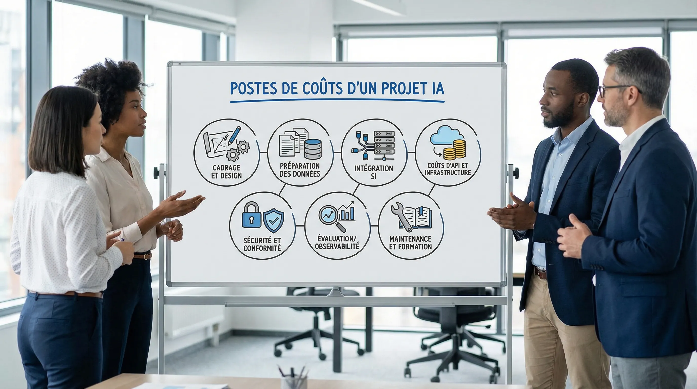 Illustration of cost centers for an AI project: scoping and design, data preparation, IS integration, API and infrastructure costs, security and compliance, evaluation/observability, maintenance and training.