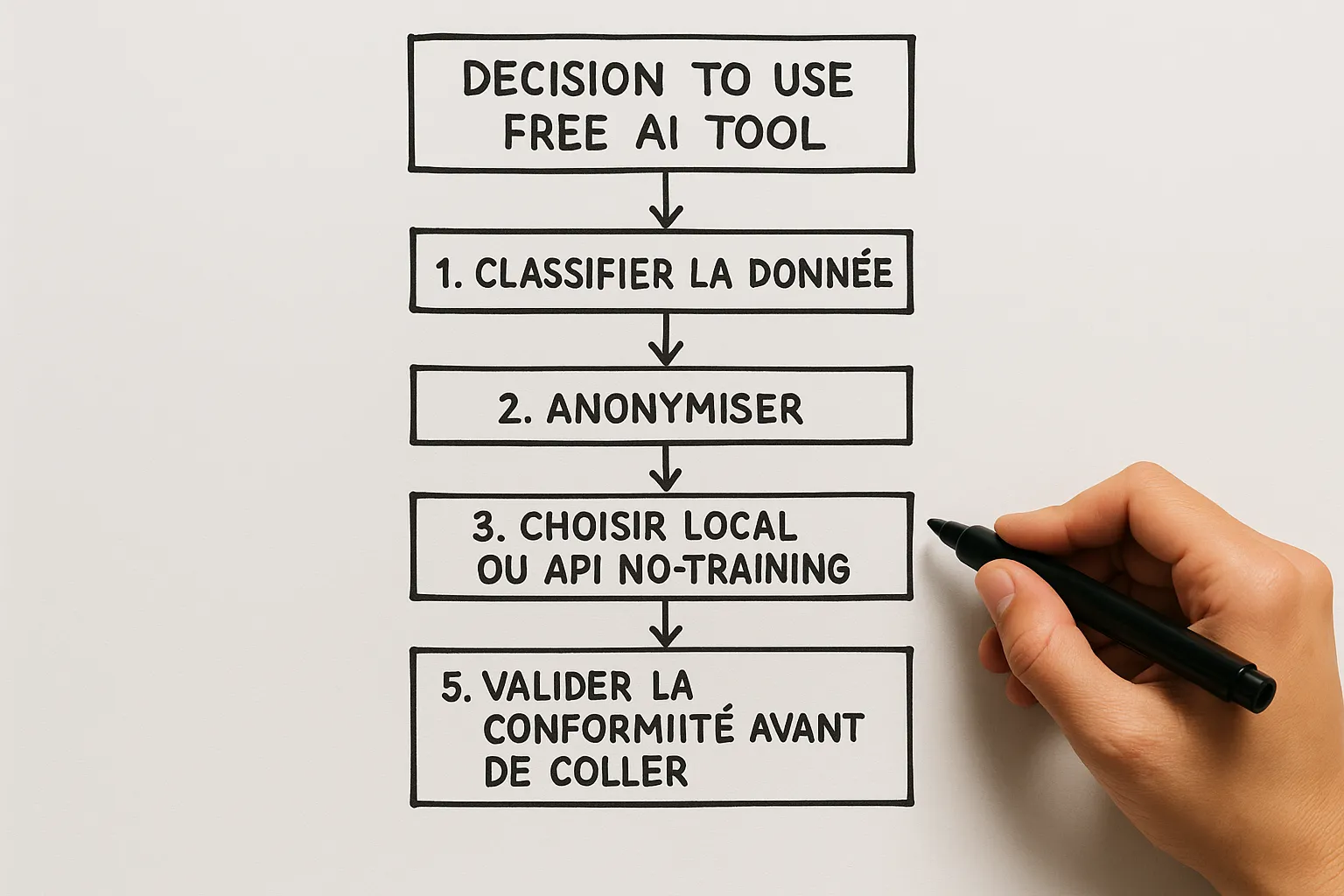 Un mini organigramme en 5 étapes montrant la décision d’utiliser un outil IA gratuit: 1 classifier la donnée, 2 anonymiser, 3 choisir local ou API no-training, 4 couper l’historique/opt-in, 5 valider la conformité avant de coller.