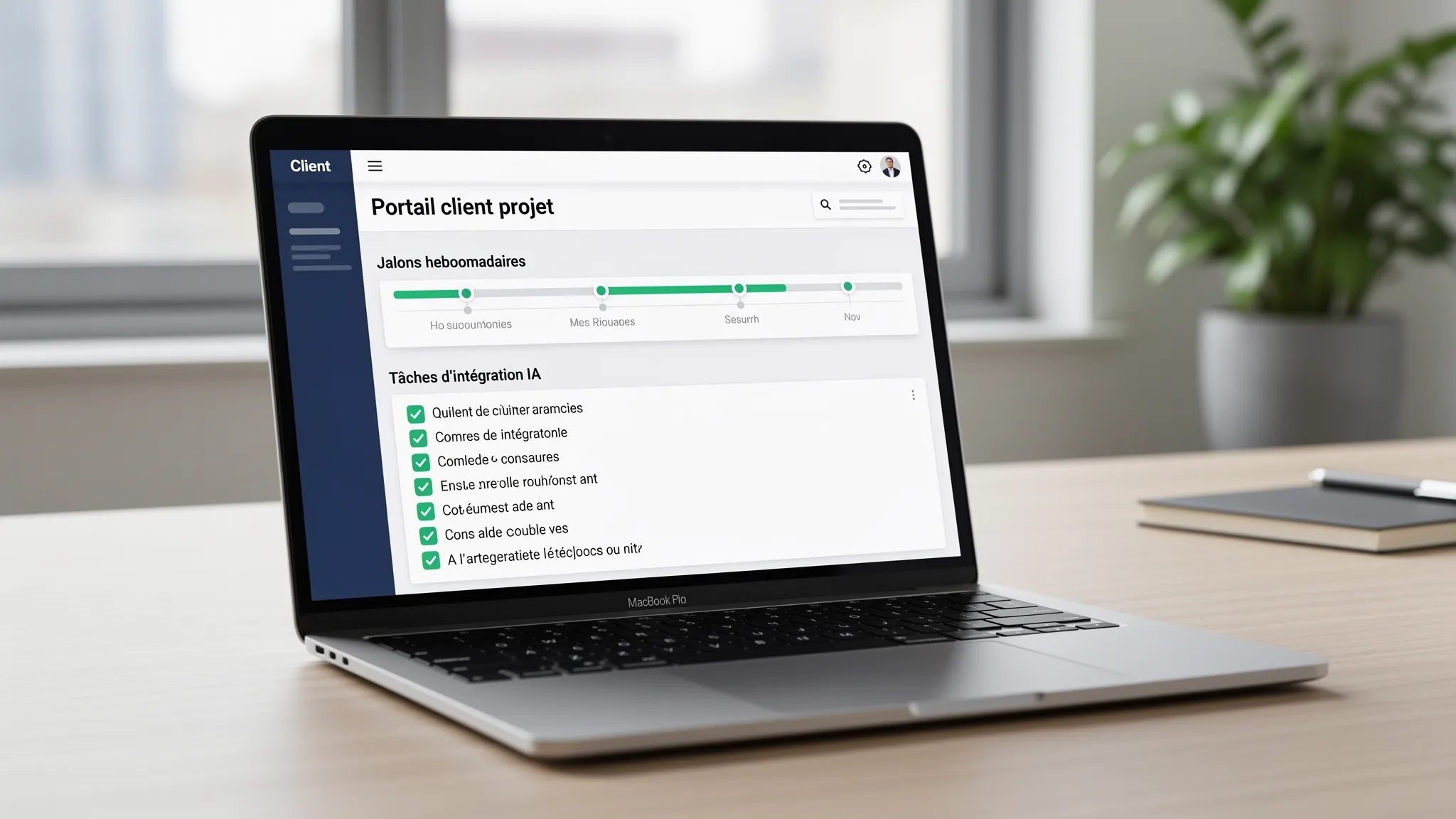 Un laptop ouvert affichant un tableau de bord d’un portail client projet, avec des jalons hebdomadaires et des tâches d’intégration IA cochées, ambiance bureau moderne sans données réelles visibles.
