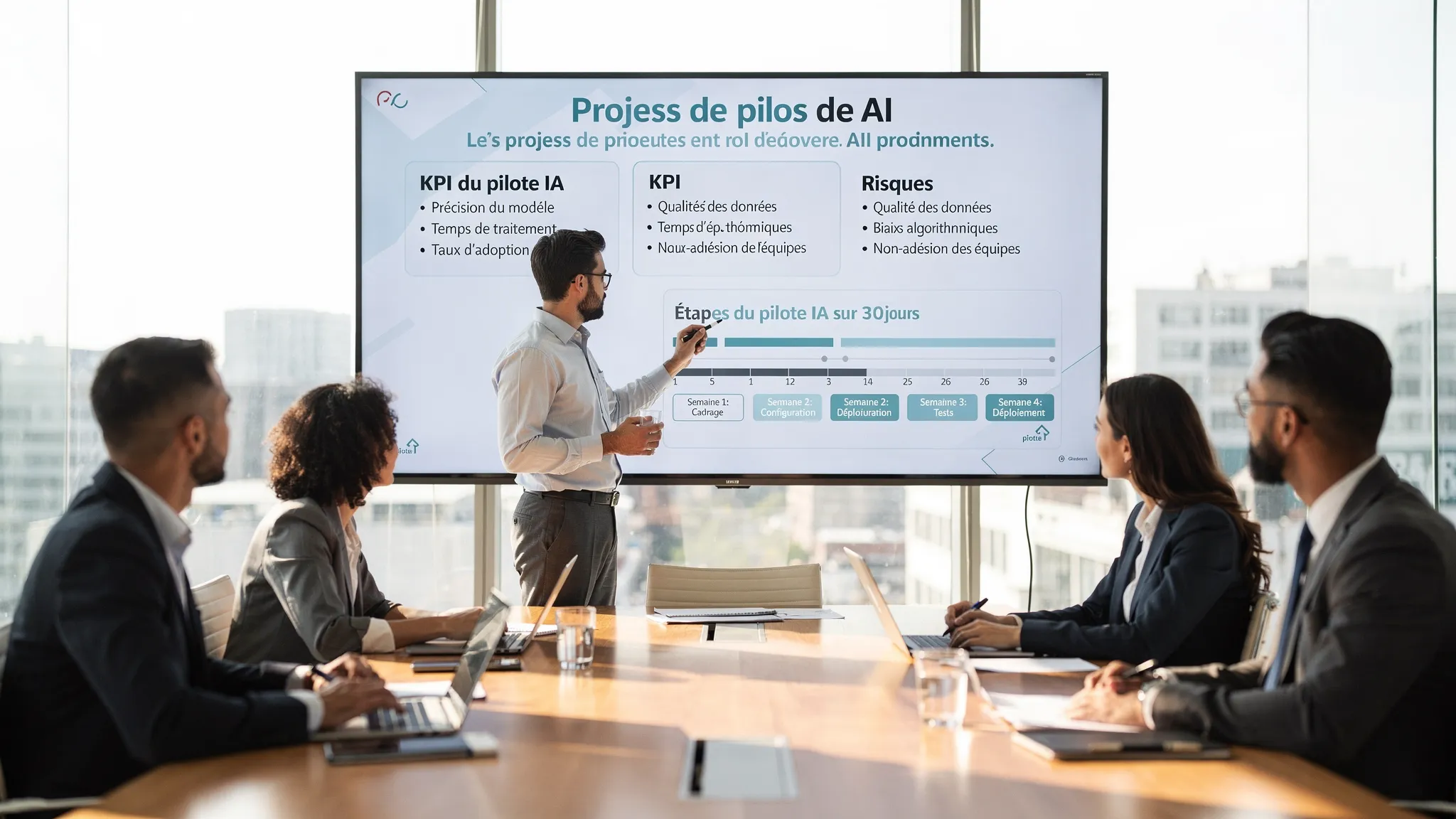 Une réunion de cadrage en entreprise avec un tableau présentant KPI, risques et étapes du pilote IA sur 30 jours.