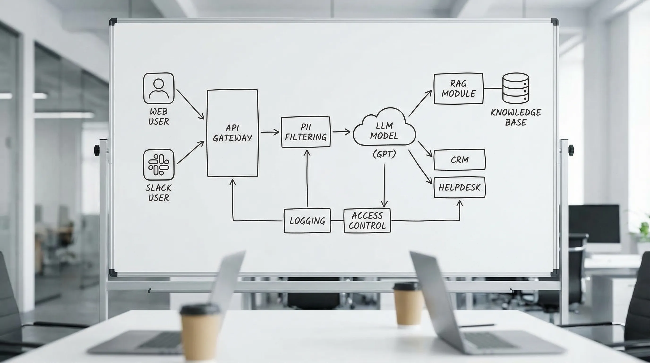Data flow diagram of an enterprise GPT chatbot: user (web or Slack) to application gateway, PII filtering, LLM model call, RAG module to knowledge base, then actions to CRM/helpdesk, with logging and access control.