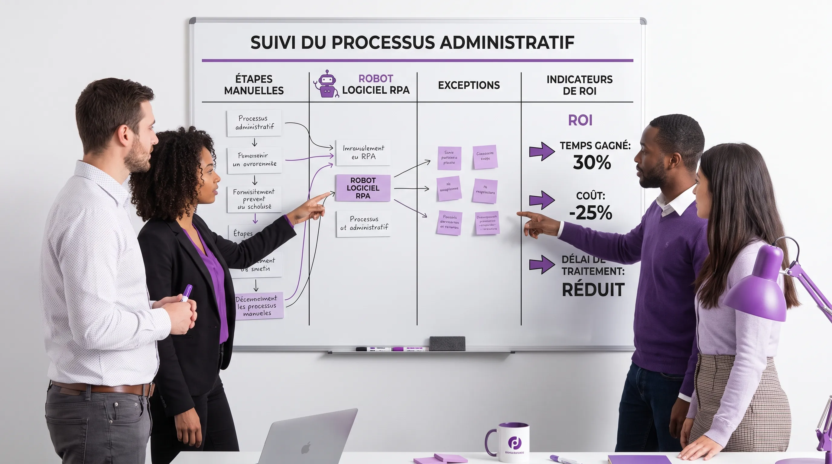 An SME team examines an administrative process on a tracking board with manual steps, an RPA software robot, exceptions, and ROI indicators such as time saved, cost, and processing time.
