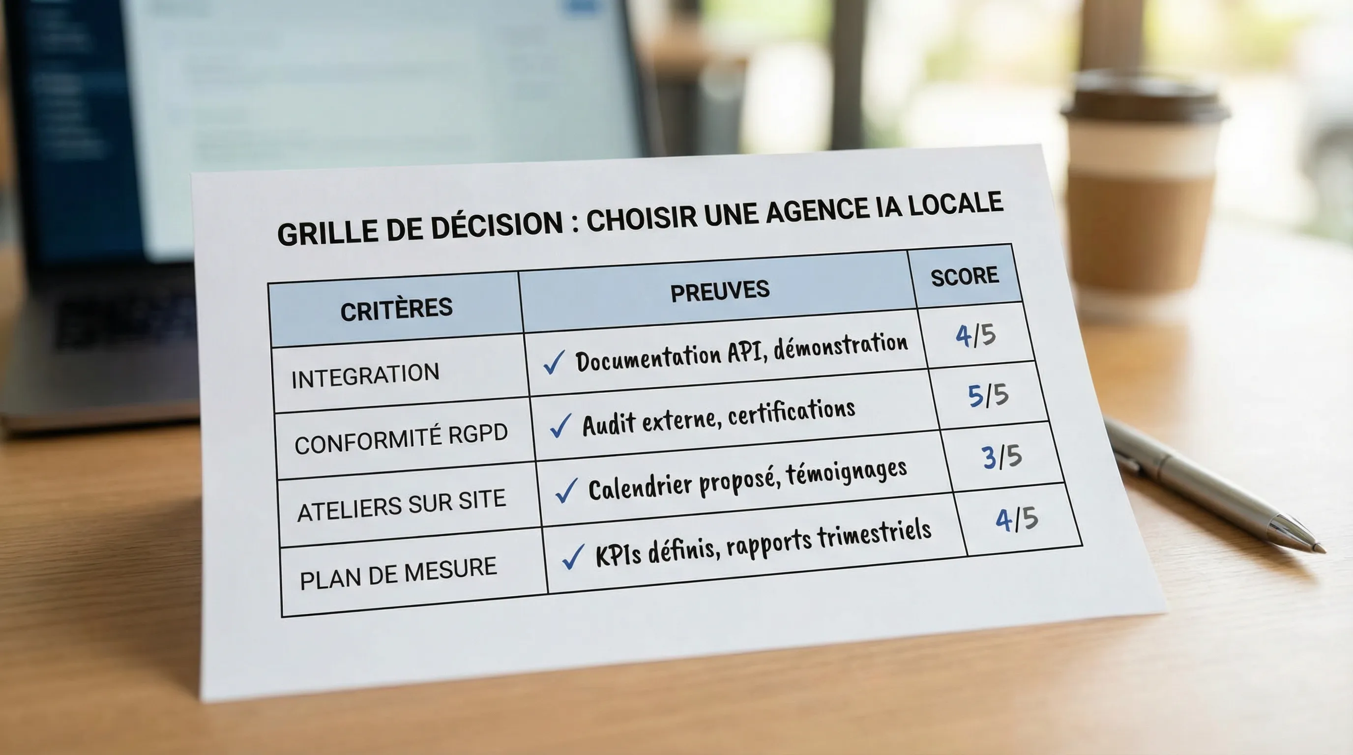 Illustration d’une grille de décision pour choisir une agence IA locale, avec trois colonnes (critères, preuves, score) et des éléments comme intégration, RGPD, ateliers sur site et plan de mesure.