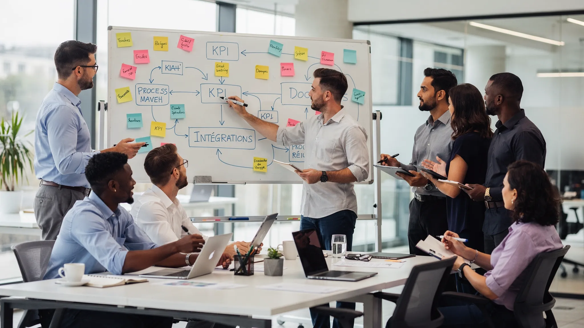 Scène de réunion de cadrage en entreprise autour d’un tableau blanc, avec une carte des processus, des post-its “KPI”, “Données”, “Intégrations”, et une équipe mixte métier/tech en atelier.