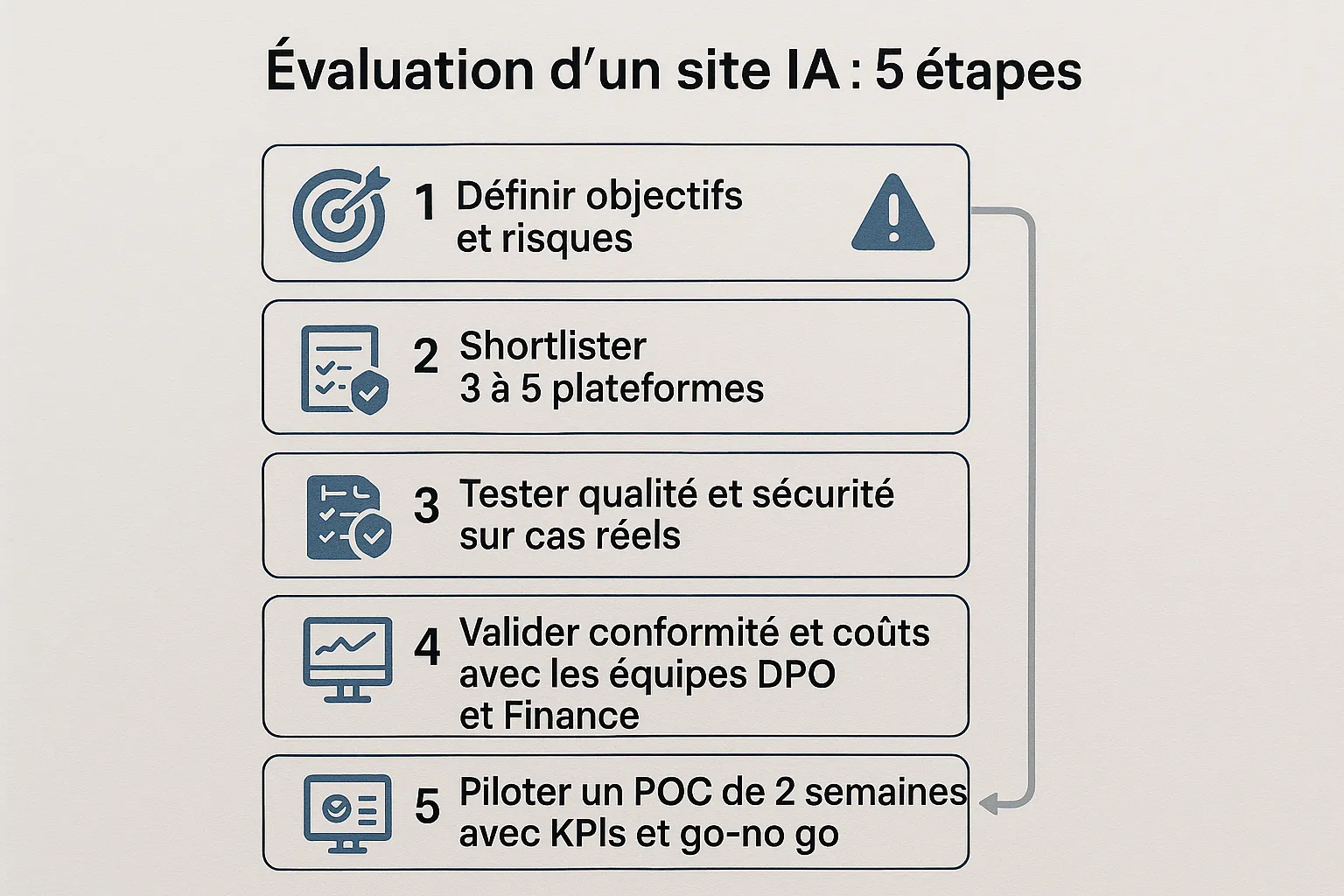 Simple diagram of 5 AI site evaluation steps: 1 Define objectives and risks, 2 Shortlist 3 to 5 platforms, 3 Test quality and security on real cases, 4 Validate compliance and costs with DPO and Finance teams, 5 Pilot a 2-week POC with KPIs and go-no go.