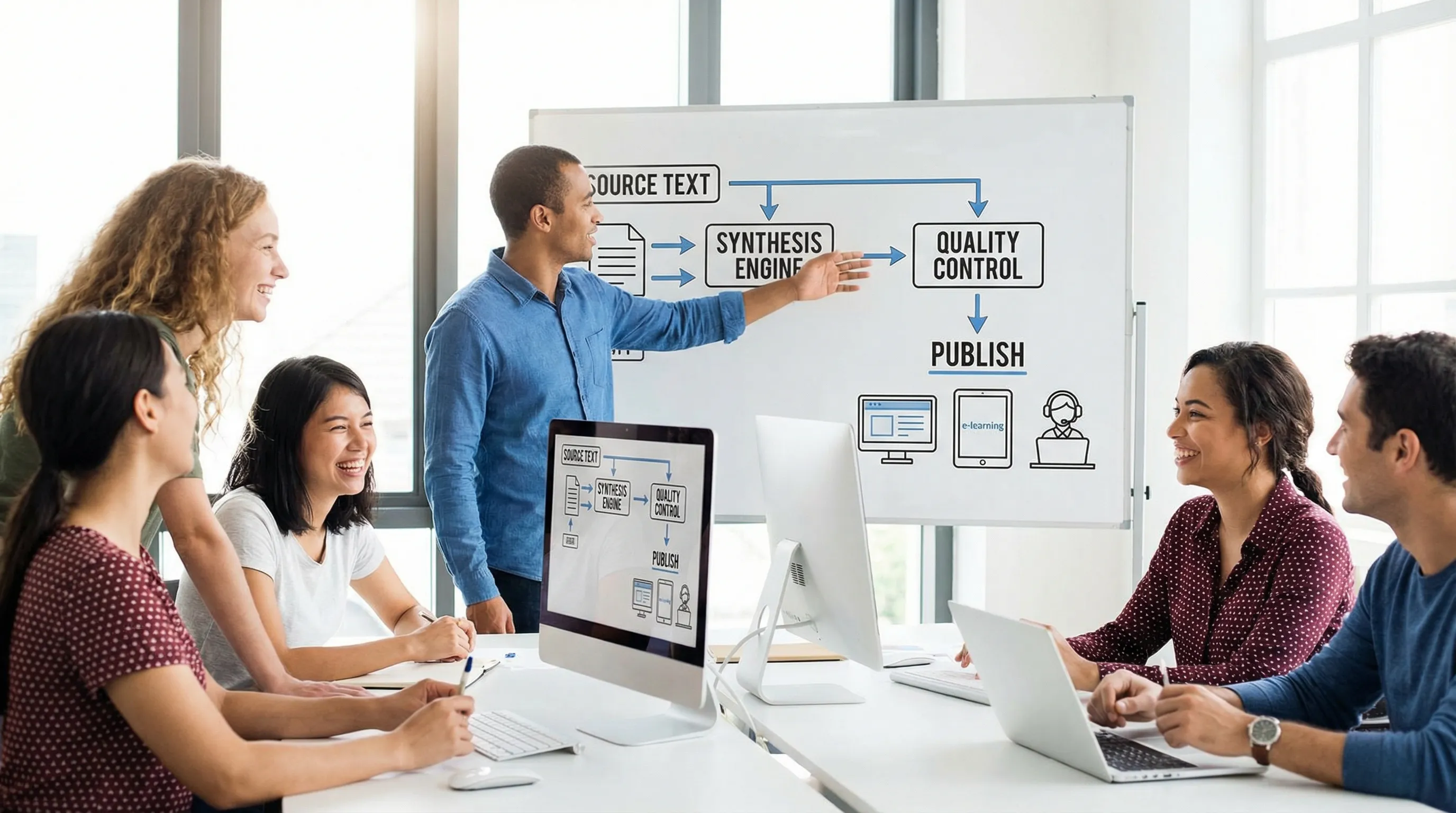 Illustration of an enterprise audio production workflow: a source text goes through a validation step, then through a speech synthesis engine, then through quality control, and finally is published on several channels (website, e-learning, support).