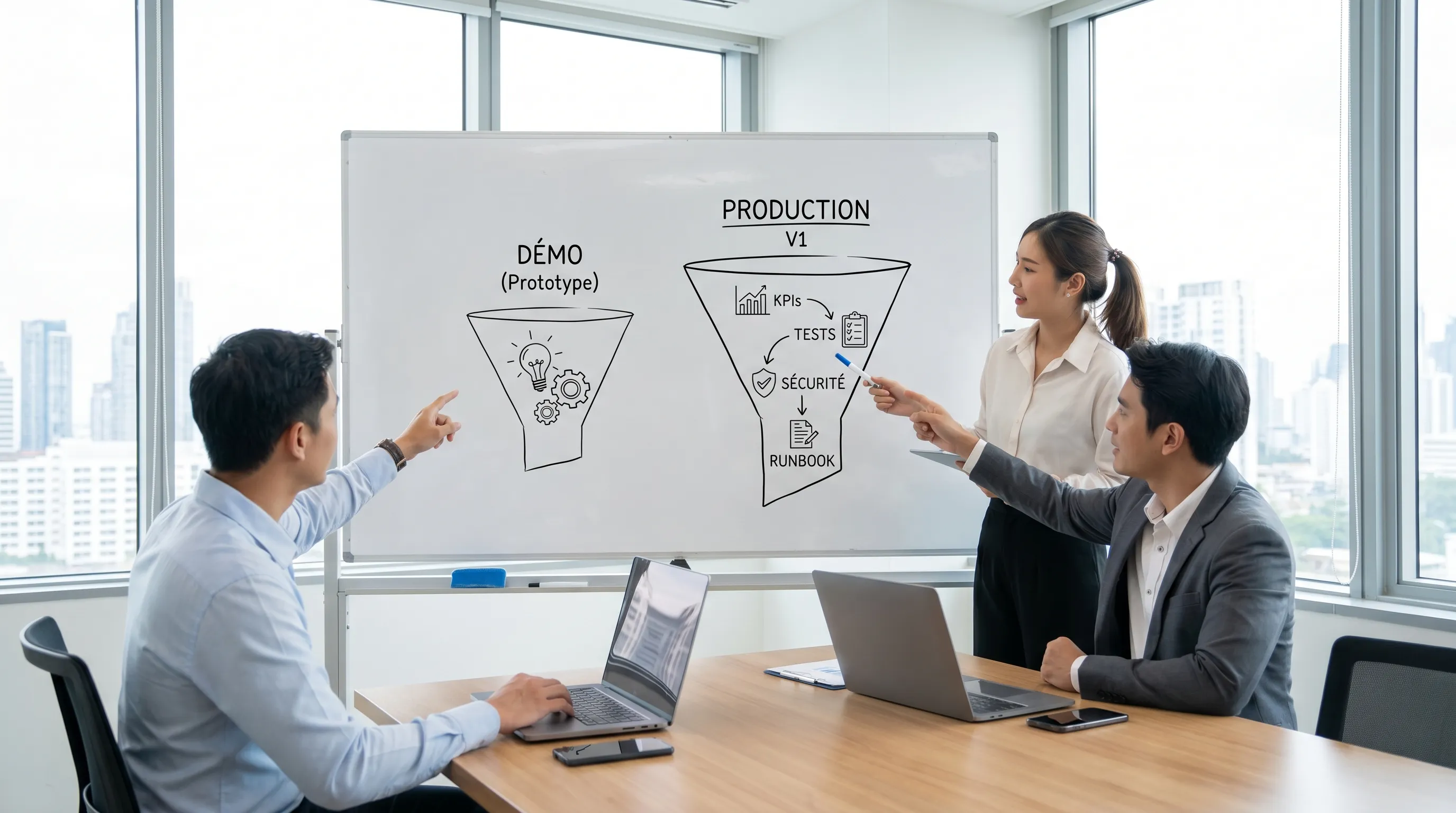 Illustration d’un entonnoir “démo” versus “production” montrant le passage du prototype à une V1 intégrée avec KPI, tests, sécurité et runbook.