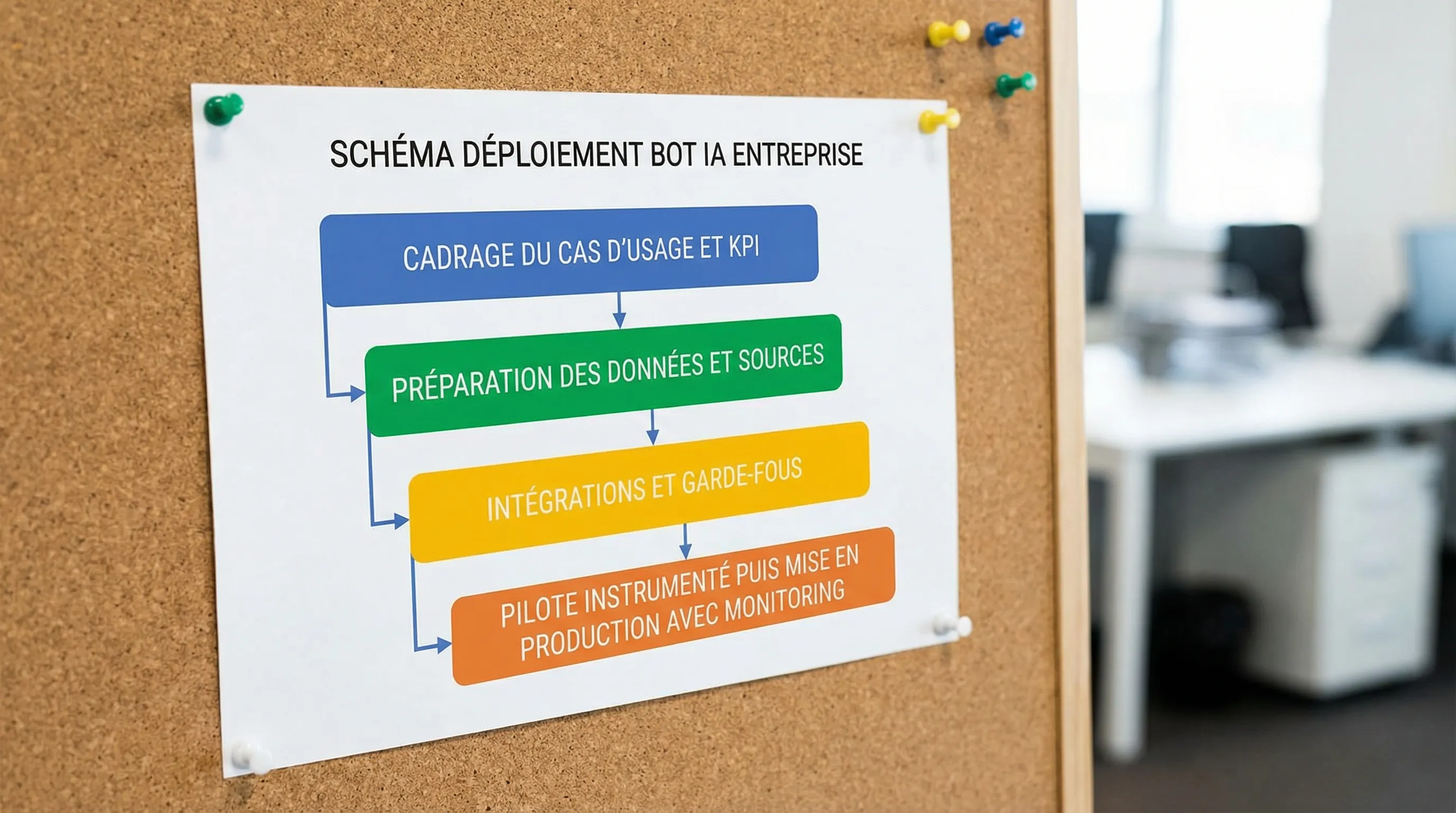 Simple diagram of an AI bot deployment in a company, with 4 connected blocks: scoping the use case and KPIs, preparing data and sources, integrations and guardrails, instrumented pilot then production launch with monitoring.
