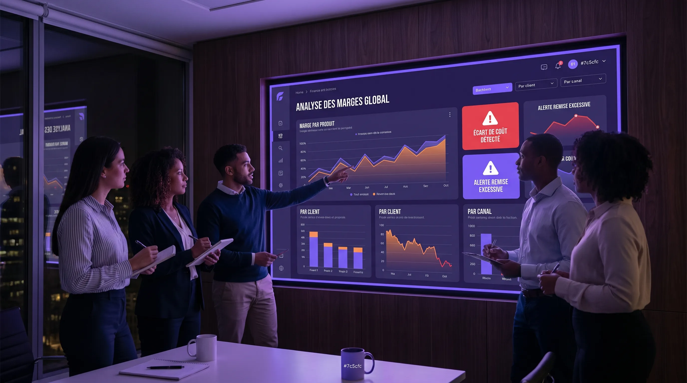 Une équipe finance et commerciale examine un écran mural affichant des graphiques de marge par produit, client et canal, avec des alertes sur les écarts de coûts et de remises, dans une salle de réunion sombre et moderne.