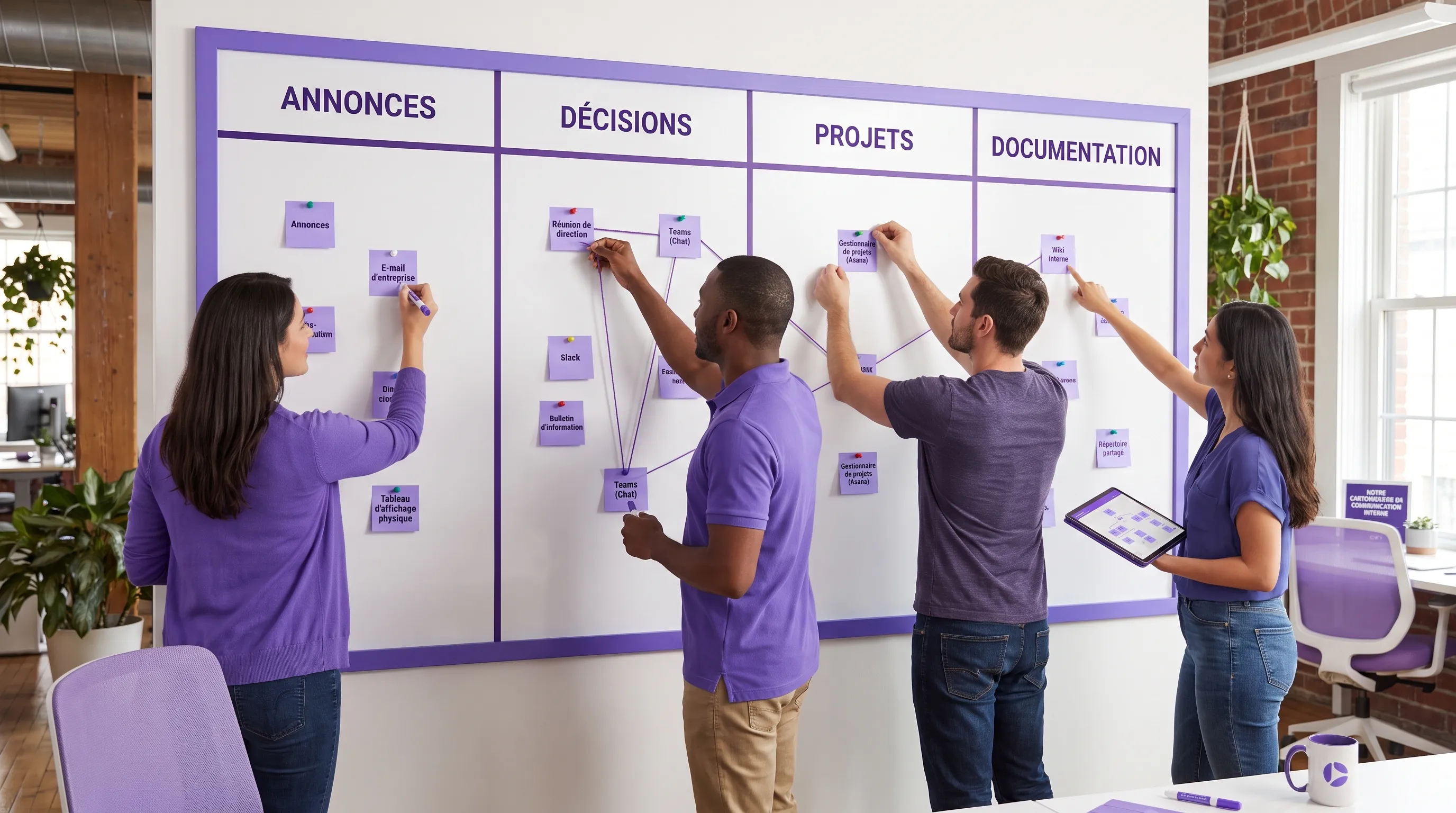 Une équipe de PME cartographie ses canaux de communication interne sur un grand tableau mural avec des colonnes dédiées aux annonces, décisions, projets et documentation.