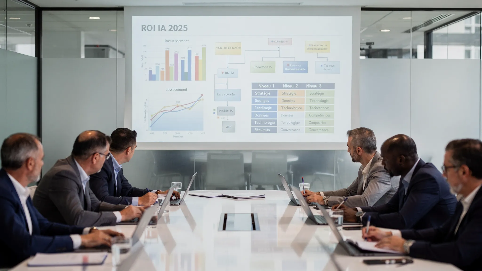 Une équipe de direction examine un rapport IA 2025 projeté à l’écran, avec des graphiques de ROI, des schémas d’architecture de données et une matrice de maturité. L’atmosphère est celle d’un comité exécutif en séance de travail, avec laptops ouverts et prise de notes.
