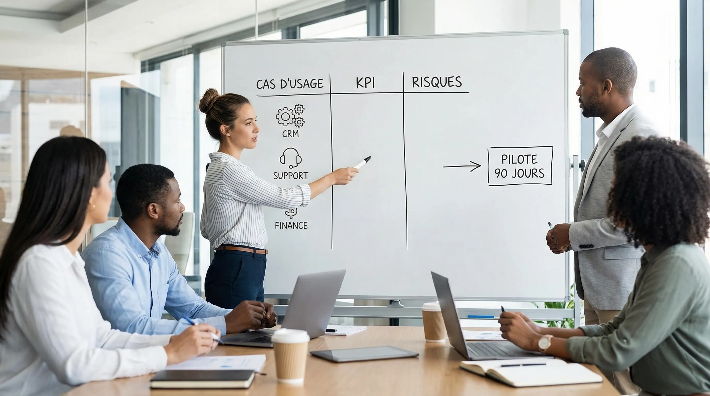 Illustration d’une PME en réunion autour d’un tableau blanc avec trois colonnes: cas d’usage, KPI, risques. On voit des icônes de CRM, support et finance, et un flux vers un “pilote 90 jours”.