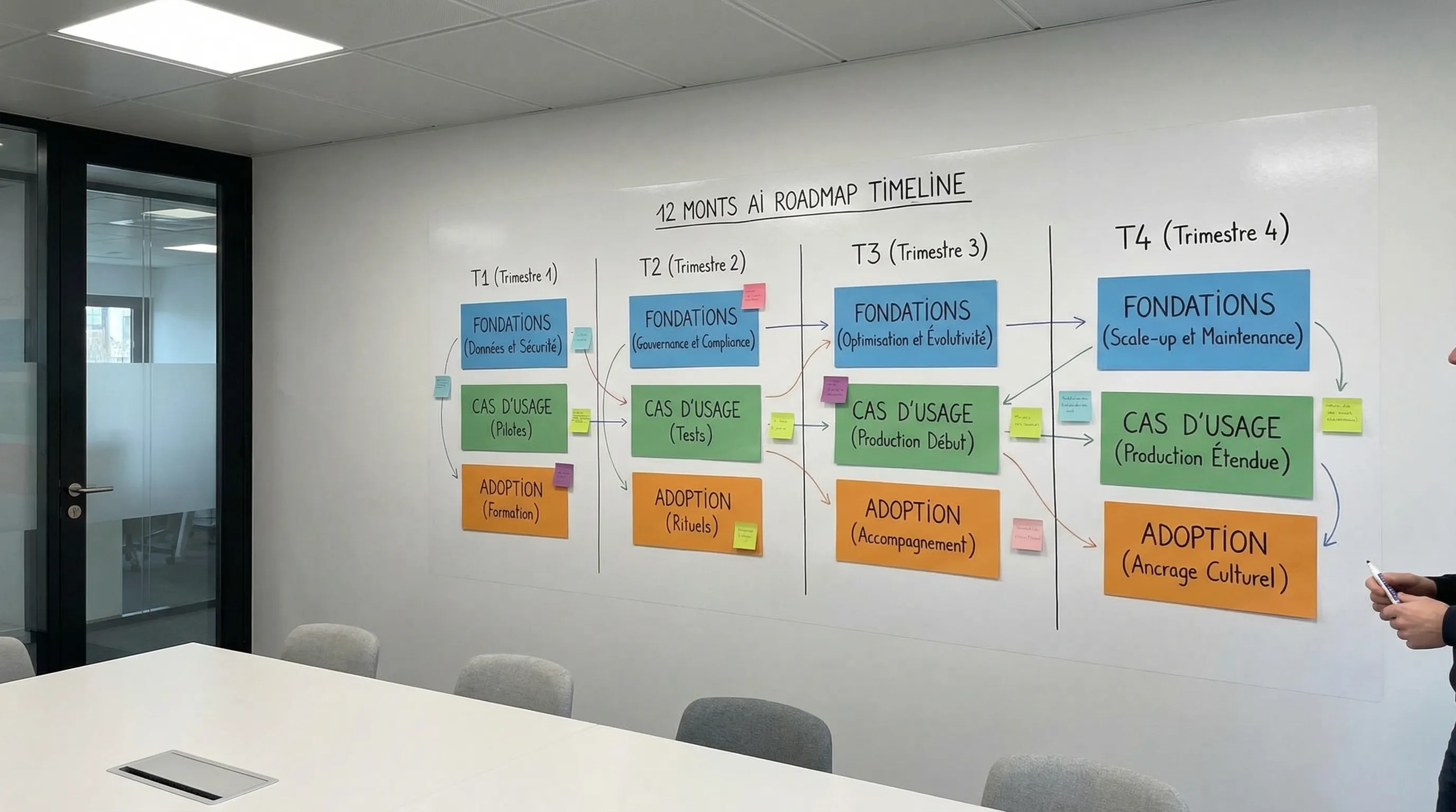 Timeline of a 12-month AI roadmap divided into 4 quarters, with three blocks for each quarter: foundations (data and security), use cases (pilots then production), and adoption (training and rituals).