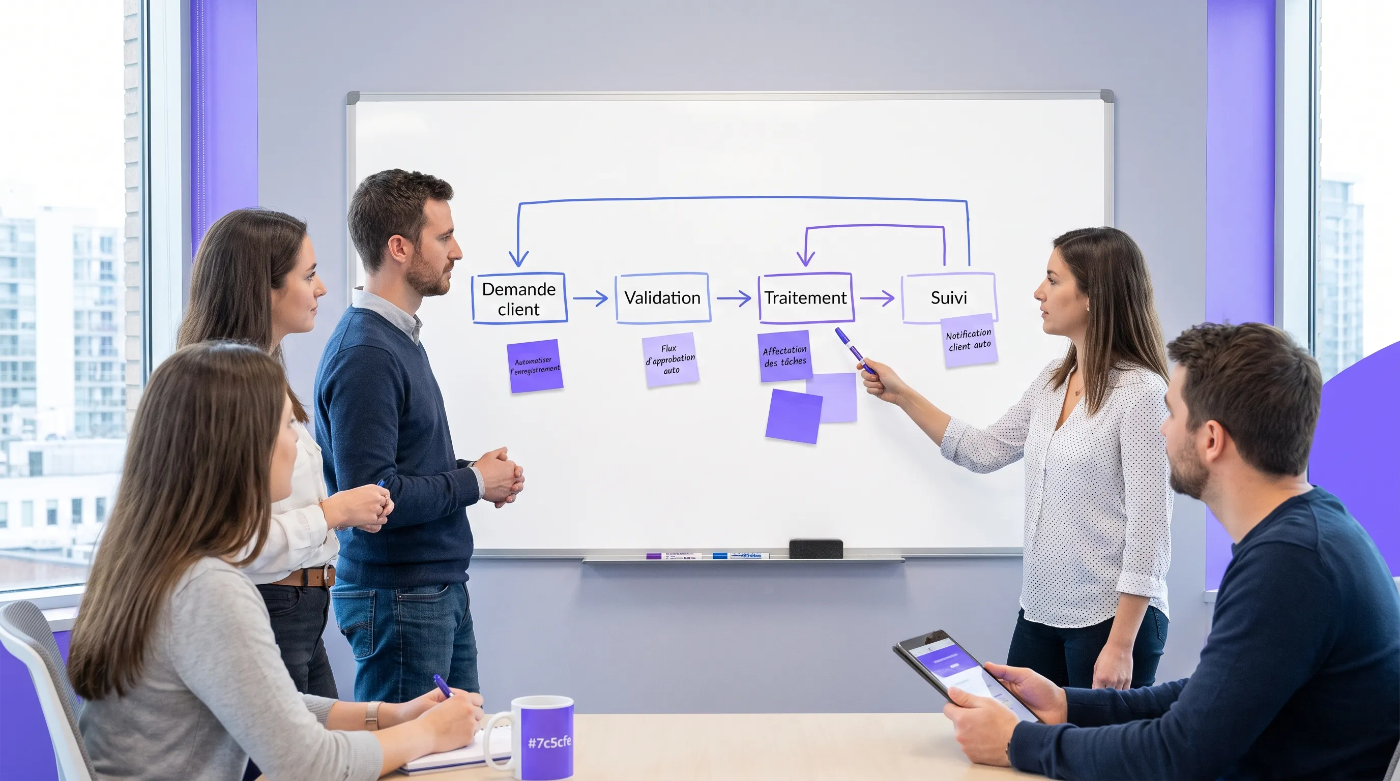 Une équipe de PME réunie dans une salle de réunion autour d’un tableau blanc présentant un processus métier simplifié, avec des étapes comme demande client, validation, traitement et suivi, et des post-it indiquant les tâches automatisables.
