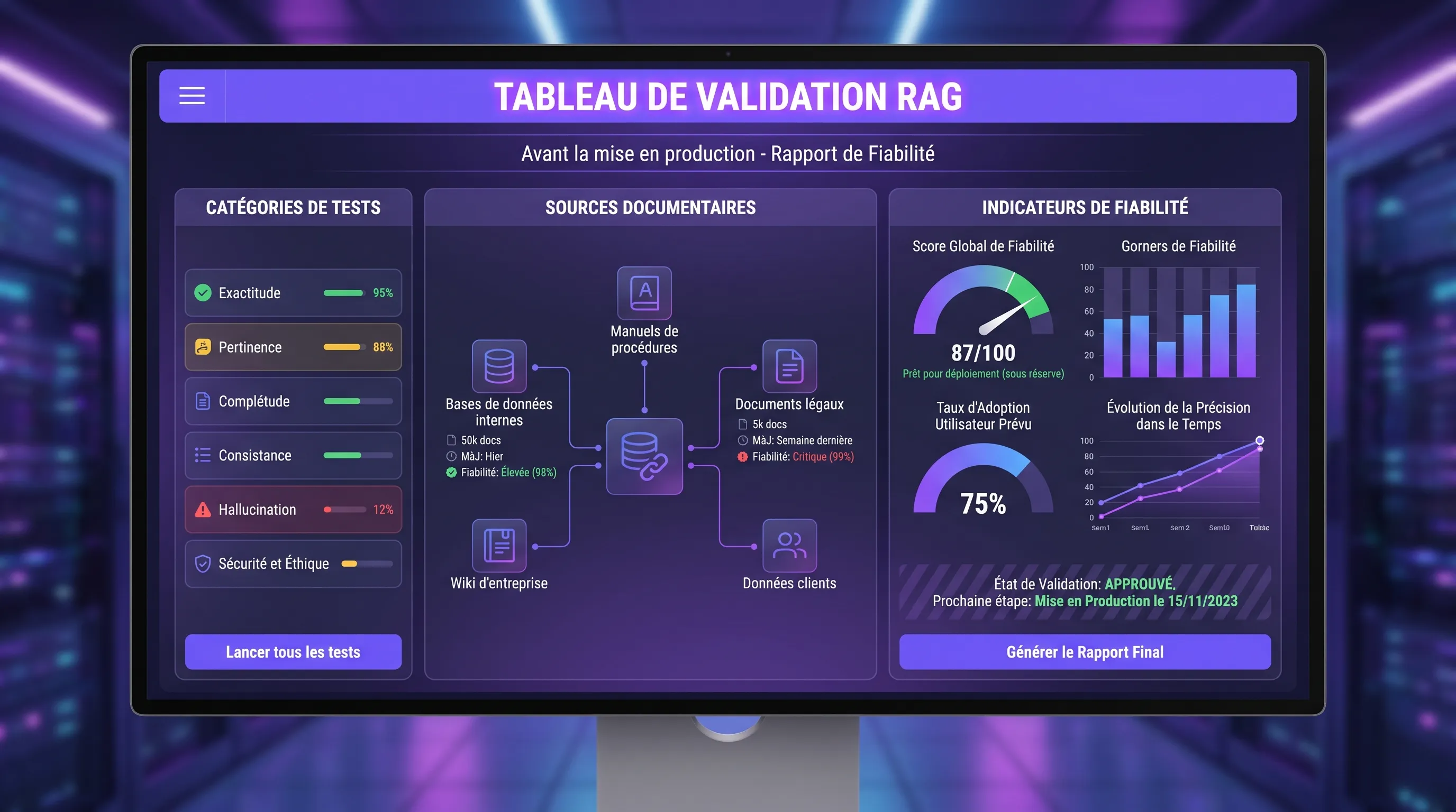 Un tableau de validation RAG avec des catégories de tests, des sources documentaires et des indicateurs de fiabilité avant une mise en production.