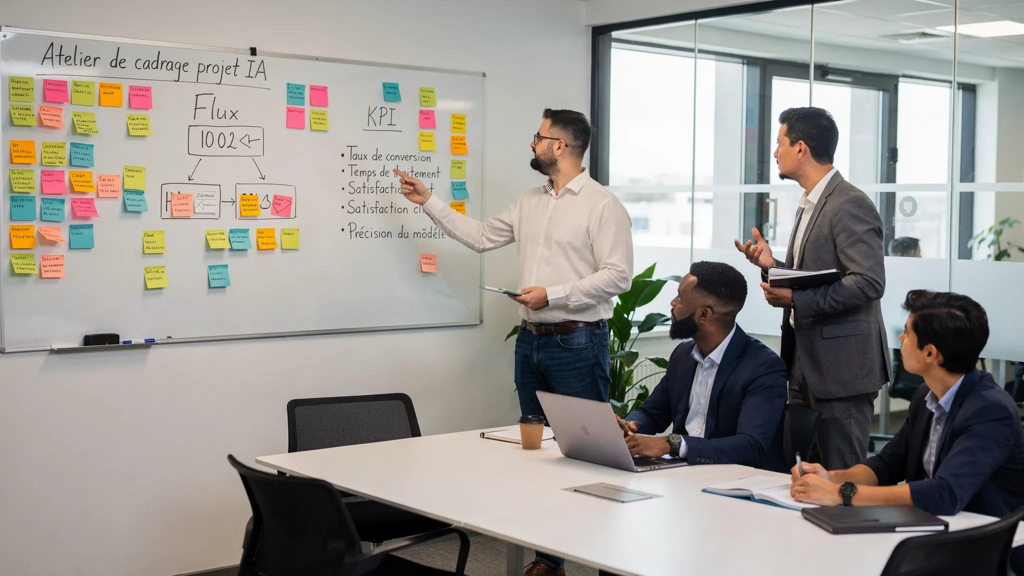 Atelier de cadrage projet IA en salle de réunion: une équipe produit et opérations échange autour d’un tableau blanc avec des post-its, un schéma de flux simple et une liste de KPI.