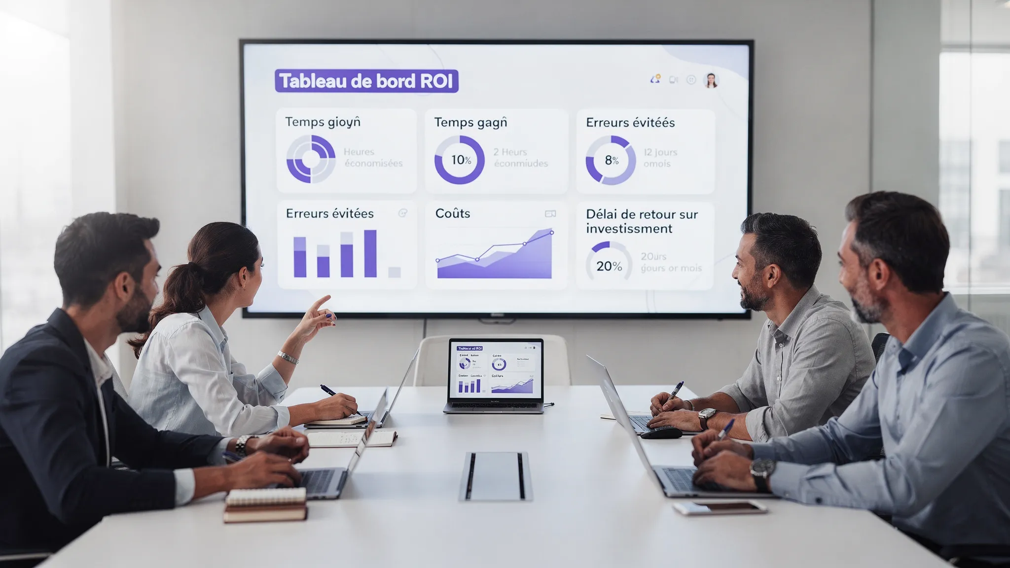 Une équipe PME analyse un tableau de bord de ROI pour un logiciel métier, avec des indicateurs de temps gagné, erreurs évitées, coûts et délai de retour sur investissement.