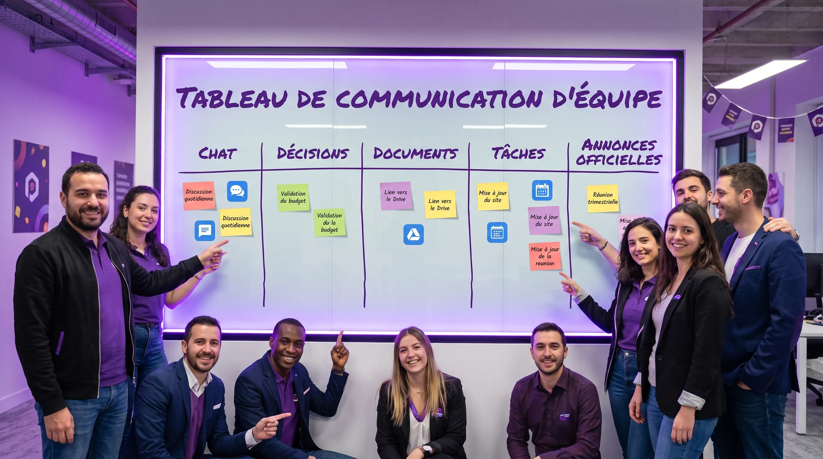 Une équipe en croissance organise ses canaux de communication sur un tableau clair avec des zones distinctes pour le chat, les décisions, les documents, les tâches et les annonces officielles.