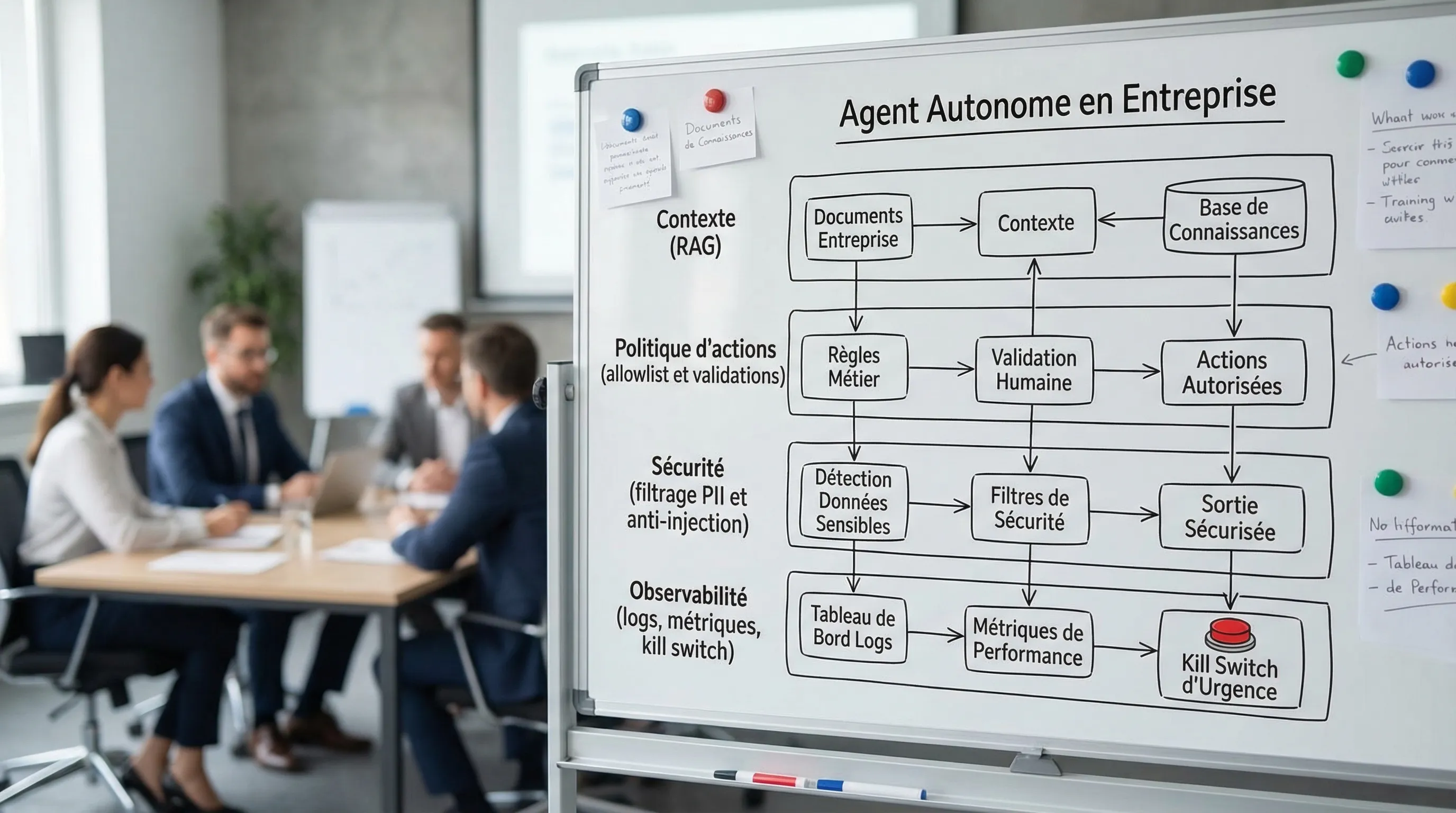 Schéma d’un agent autonome en entreprise avec 4 couches : contexte (RAG), politique d’actions (allowlist et validations), sécurité (filtrage PII et anti-injection), et observabilité (logs, métriques, kill switch).