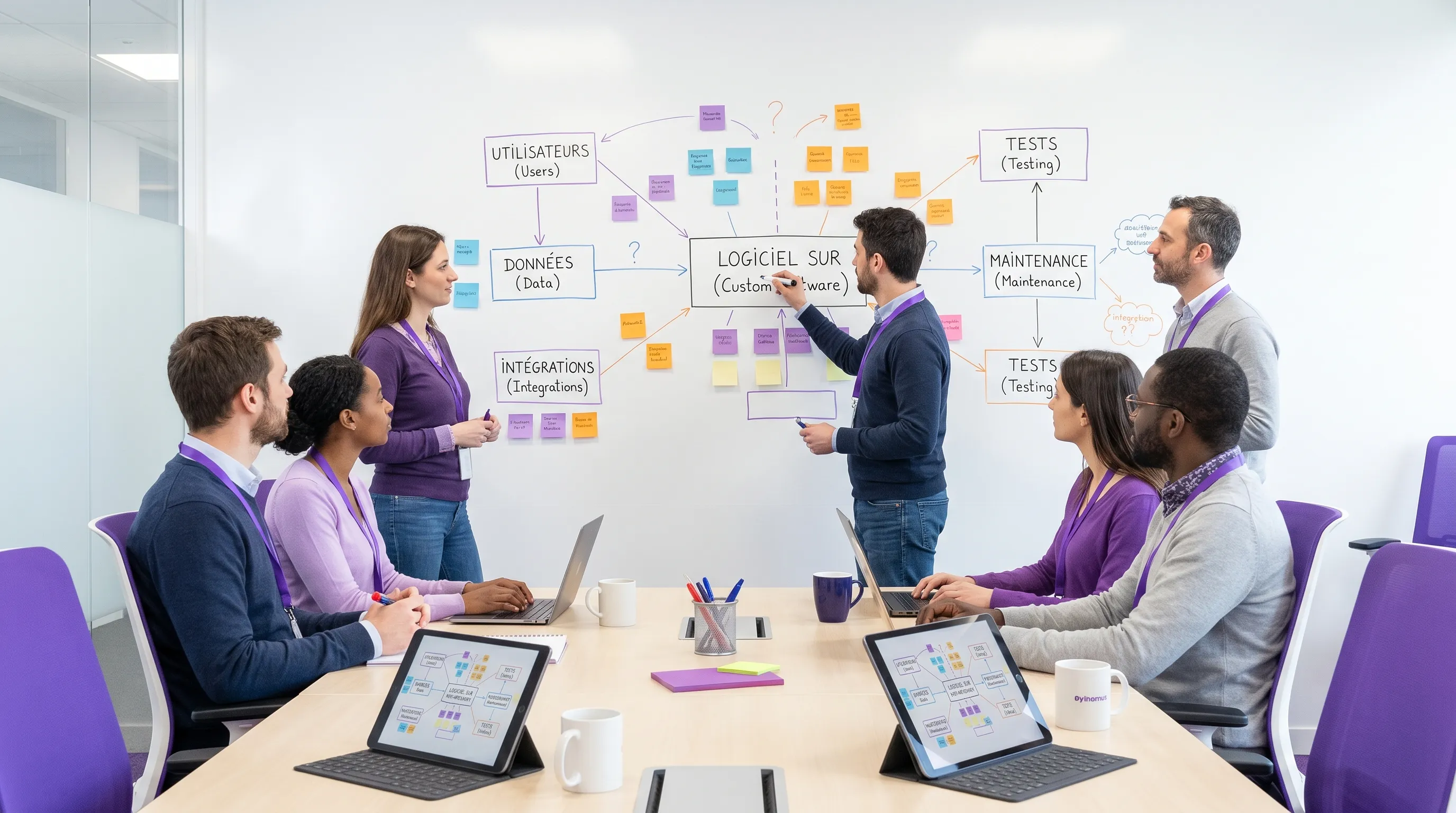 A business and technical team mapping out a complex process on a whiteboard, with blocks representing users, data, integrations, testing, and maintenance of custom software.