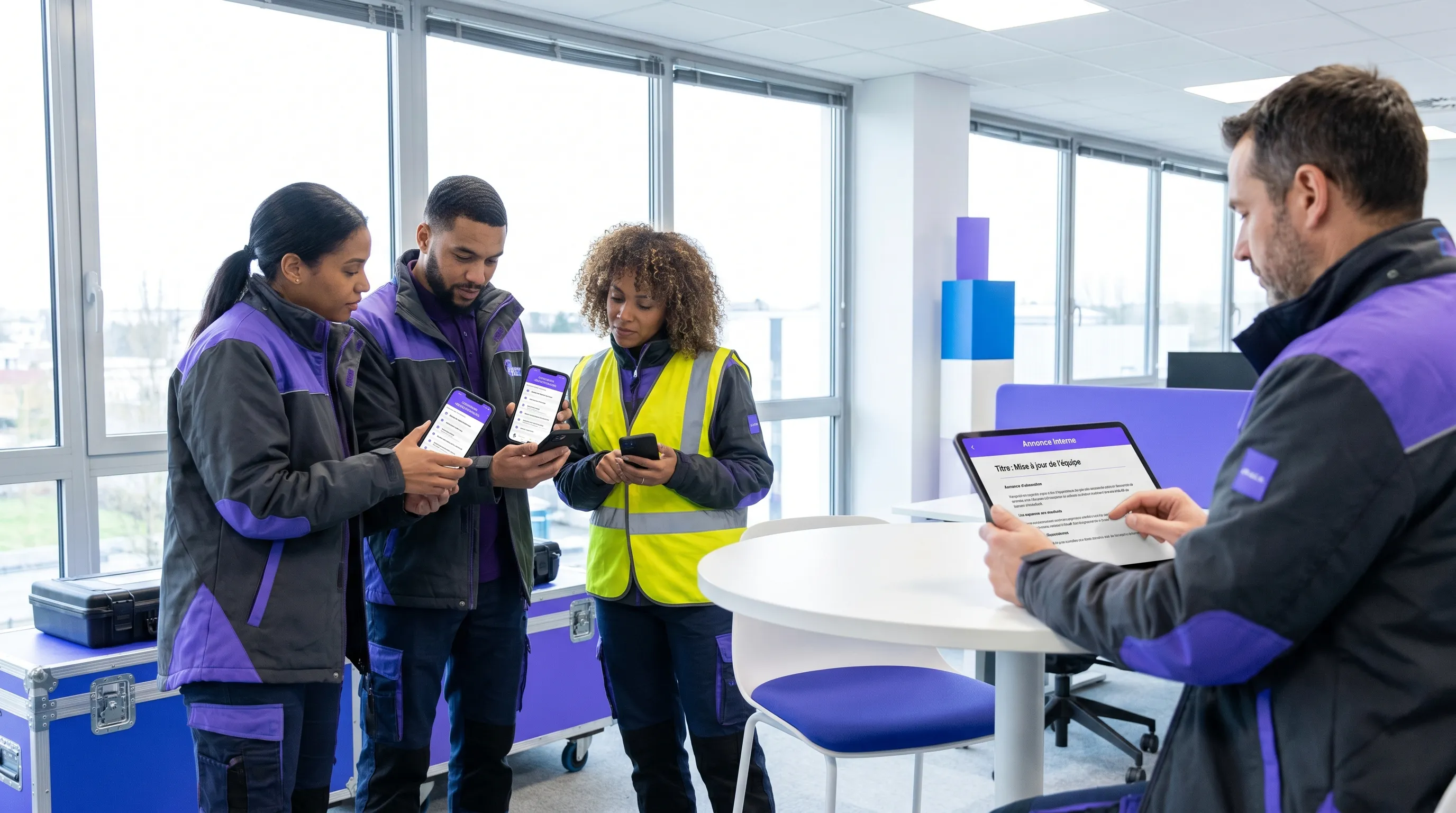 A frontline team checks operational instructions on a smartphone while a manager prepares a short internal announcement on a tablet in a simple and bright workspace.