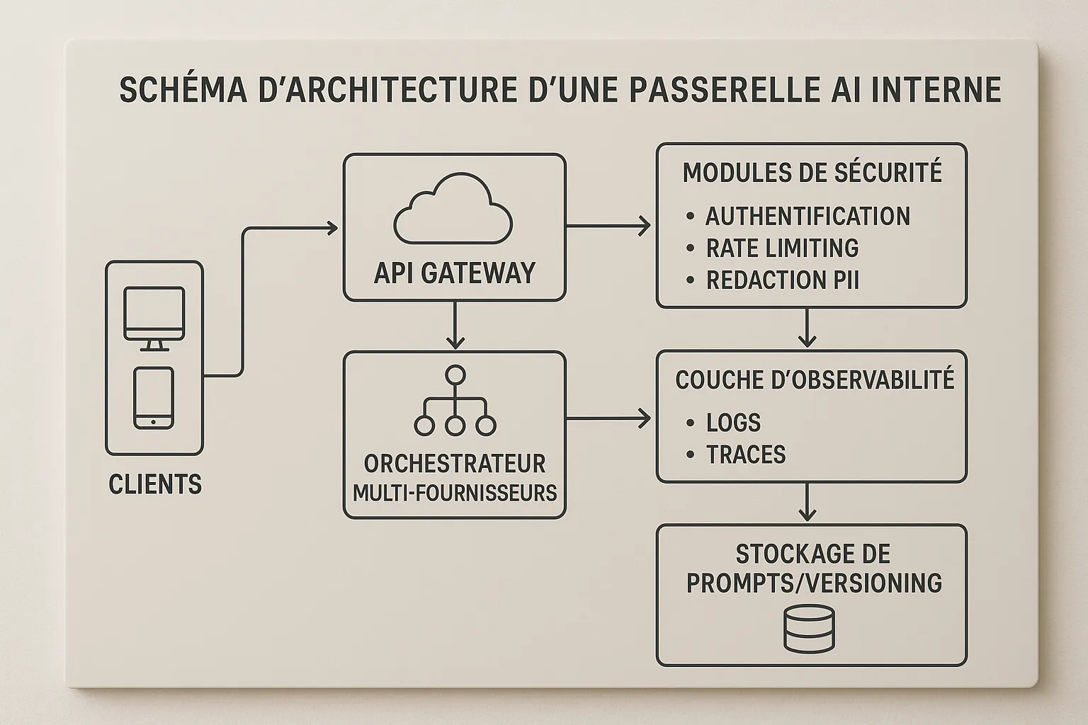 Architecture diagram of an internal AI Gateway: clients to an API Gateway, security modules (authentication, rate limiting, PII redaction), multi-provider orchestrator, observability layer (logs, traces), and prompt storage/versioning.