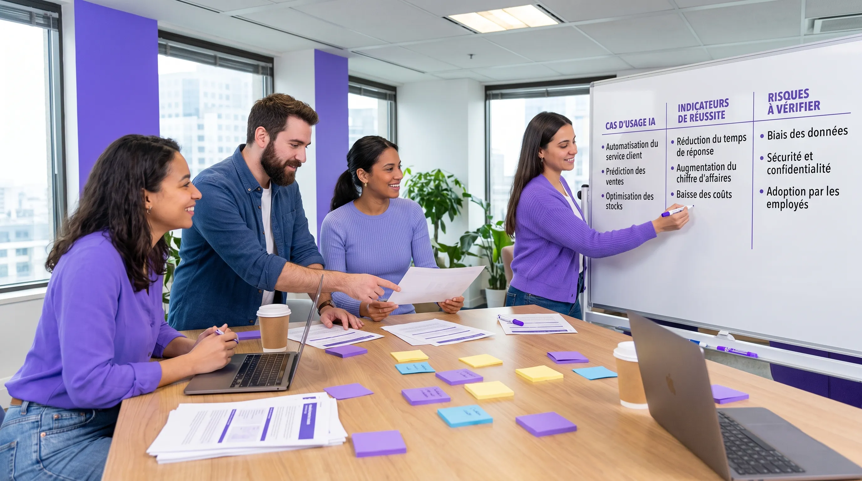 An SMB team working around a table with sticky notes, printed documents, and a whiteboard listing AI use cases, success metrics, and risks to check.