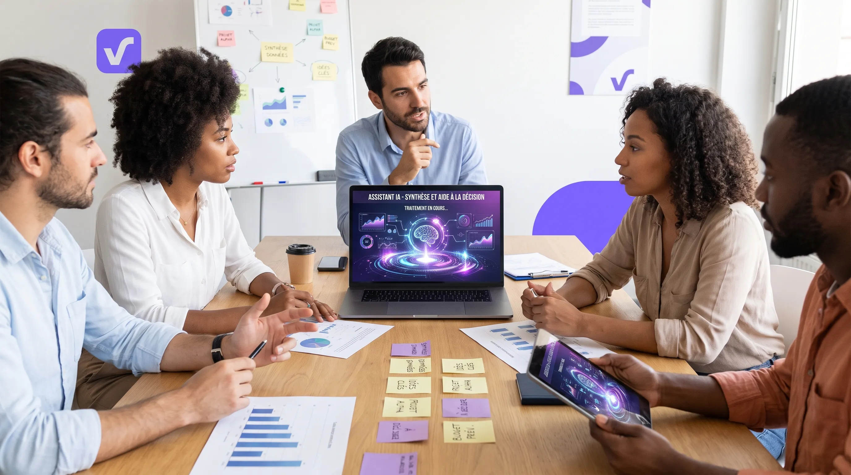 An SMB team around a meeting table with printed documents, sticky notes, and an open laptop facing the participants. The screen displays an abstract AI assistant interface without readable text, used to synthesize information and prepare a collective decision.