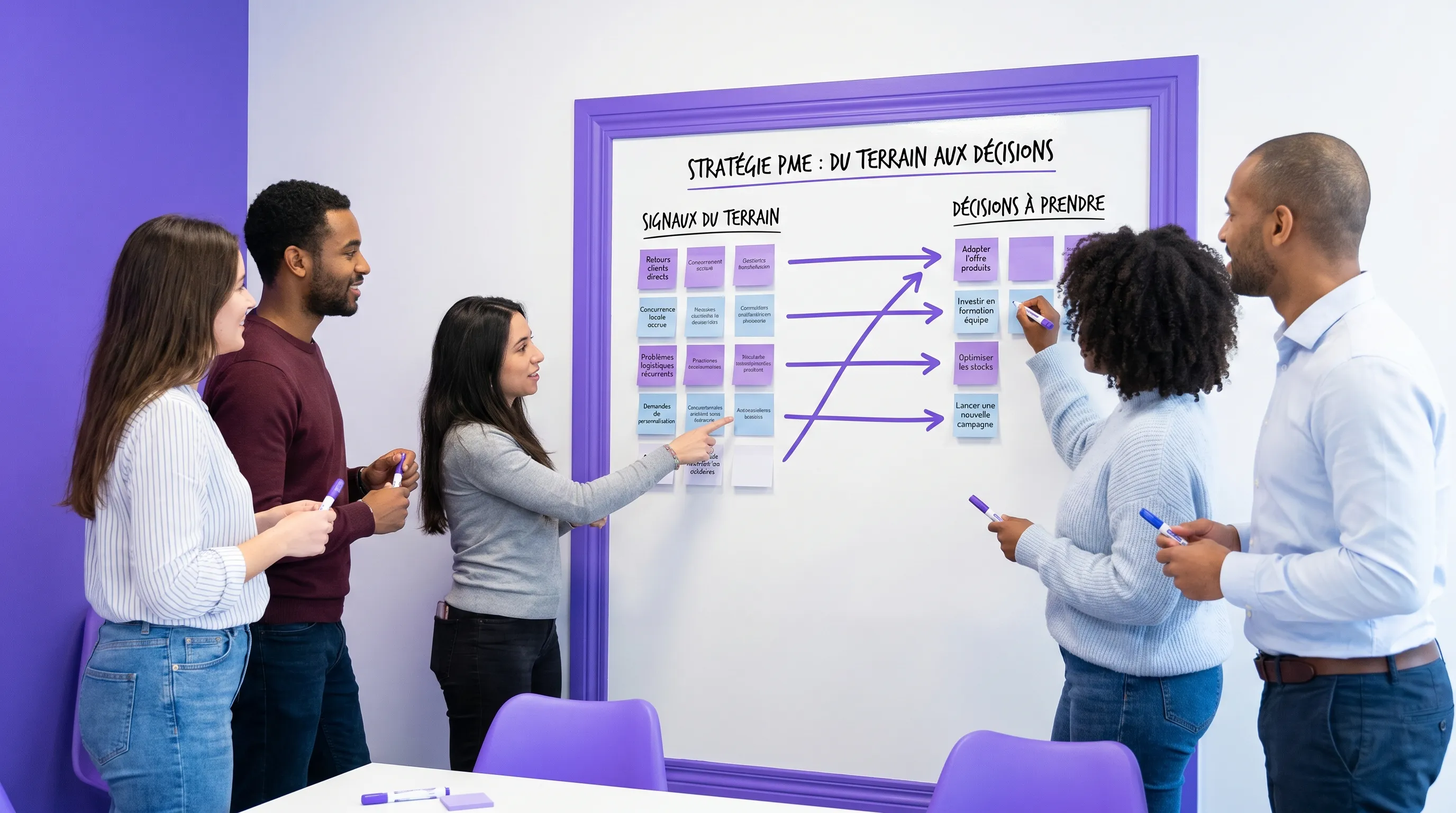 Une équipe de PME regroupe des notes par thèmes sur un tableau blanc, avec des flèches qui relient les signaux du terrain aux décisions à prendre.
