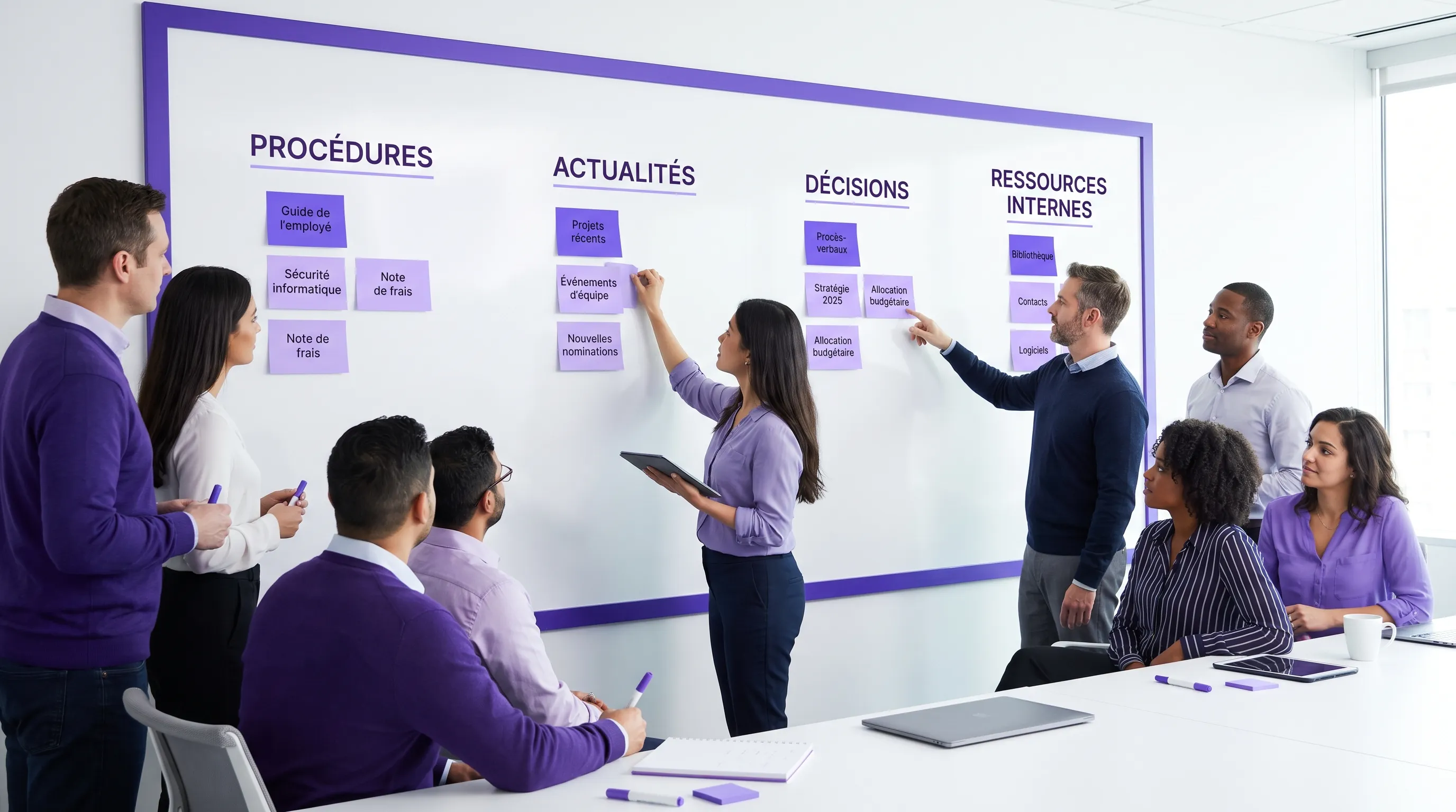 A team in a meeting room categorizes intranet content on a large wall board, with categories like procedures, news, decisions, and internal resources.