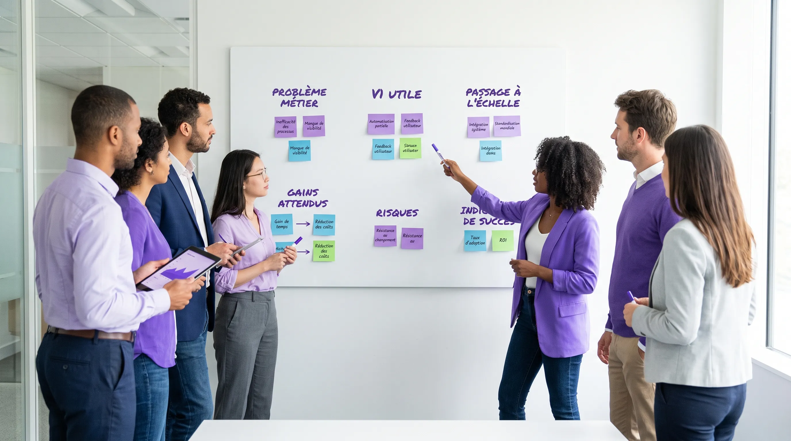 Une équipe de direction et d’opérations examine un grand tableau blanc avec trois étapes de décision pour une plateforme sur mesure : problème métier, V1 utile et passage à l’échelle. Des notes adhésives indiquent les gains attendus, les risques et les indicateurs de succès.