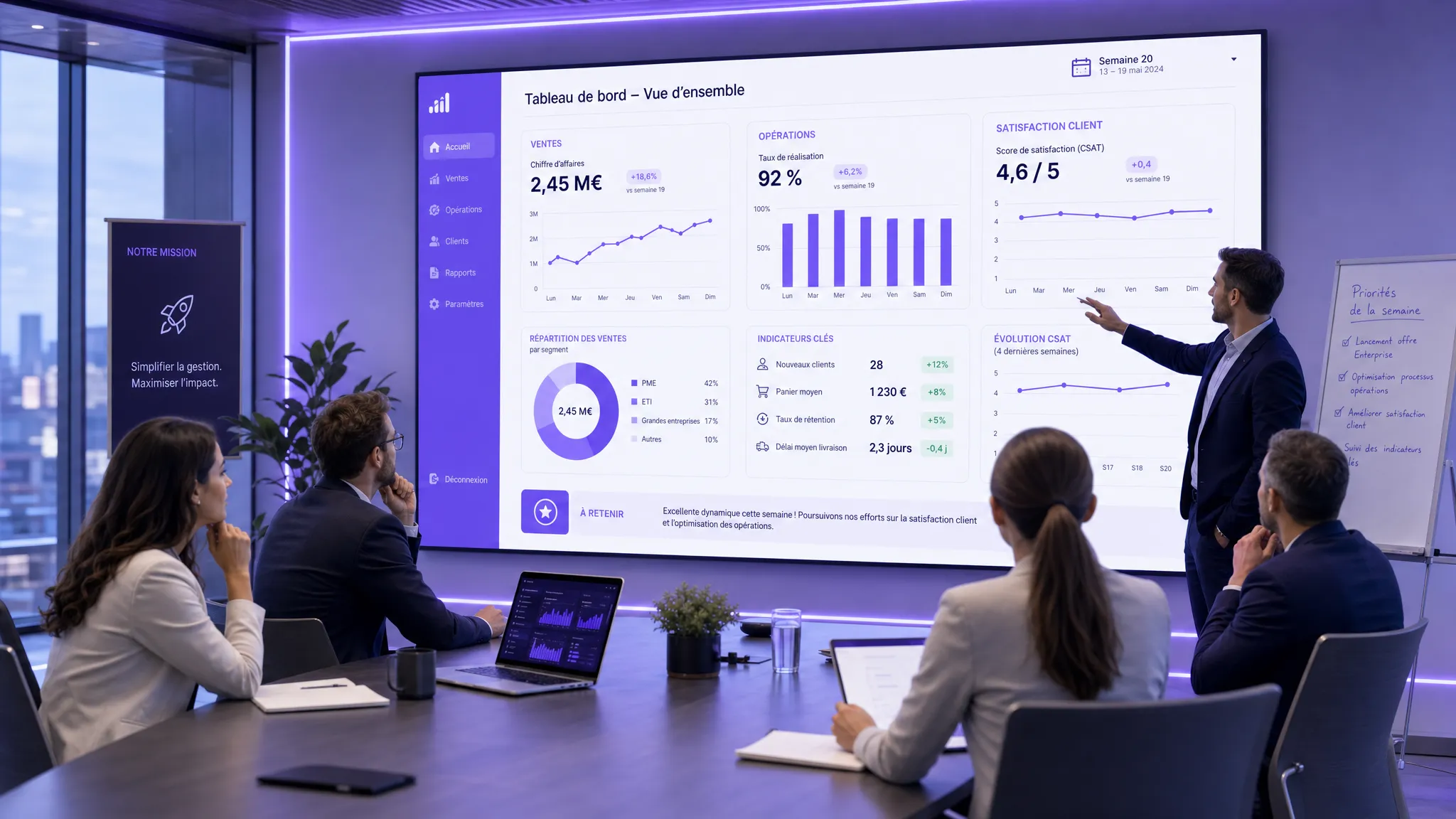 An executive team looking at a dashboard projected on a large wall screen, with clear charts on sales, operations, and customer satisfaction. The participants are facing the screen and discussing the week's priorities.