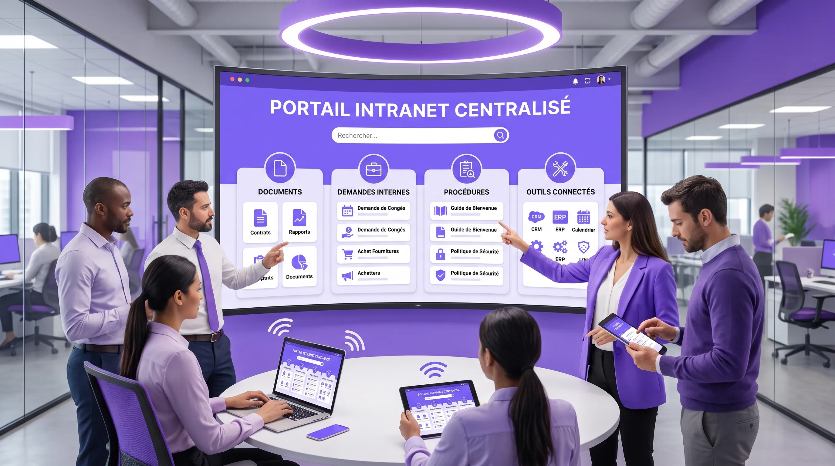 Une équipe en entreprise utilise un espace intranet centralisé, avec un point d’entrée unique relié à des documents, des demandes internes, des procédures et des outils connectés.