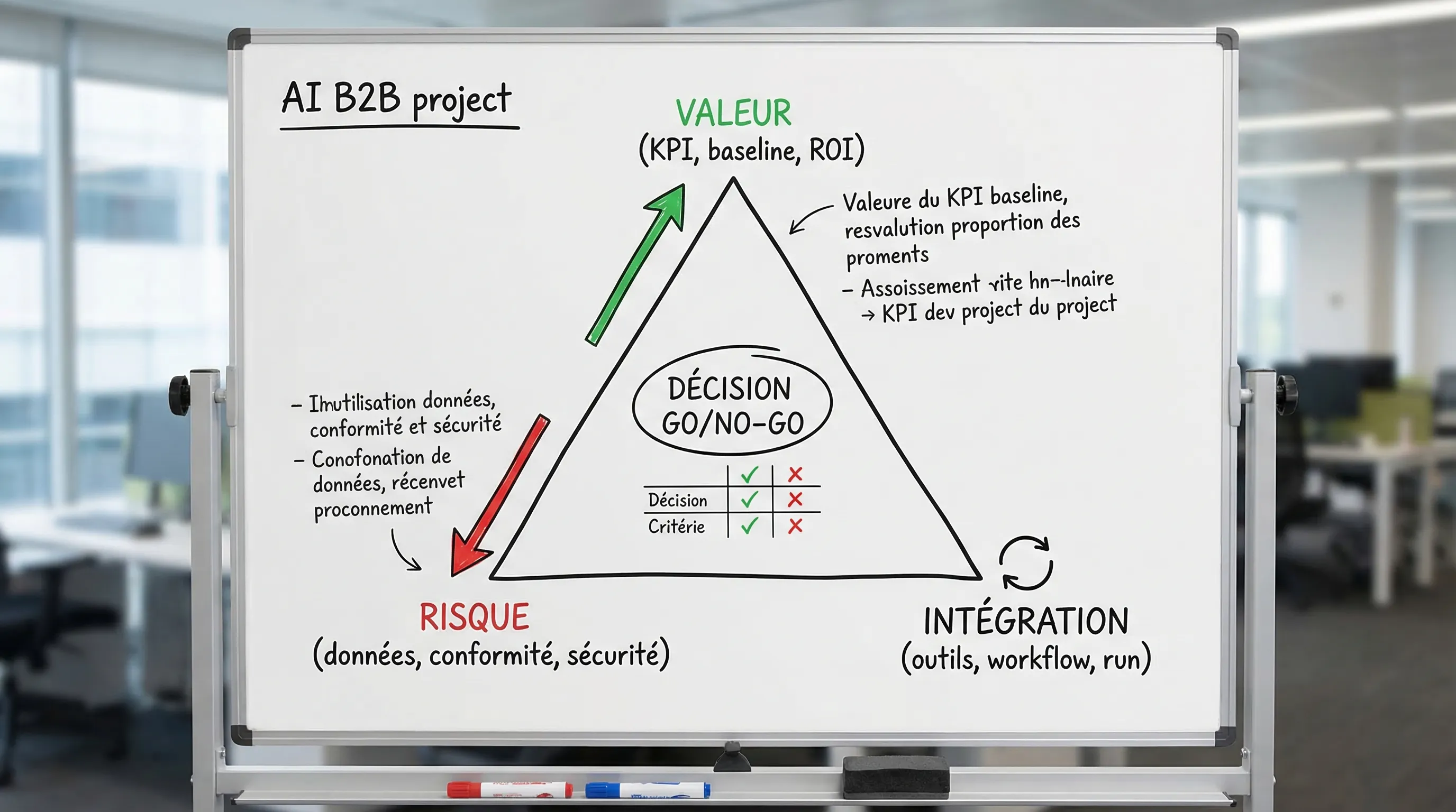 Schéma en triangle montrant les 3 axes d’un projet IA B2B : Valeur (KPI, baseline, ROI), Risque (données, conformité, sécurité), Intégration (outils, workflow, run). Au centre, un cercle “Décision go/no-go” avec un scorecard simple.