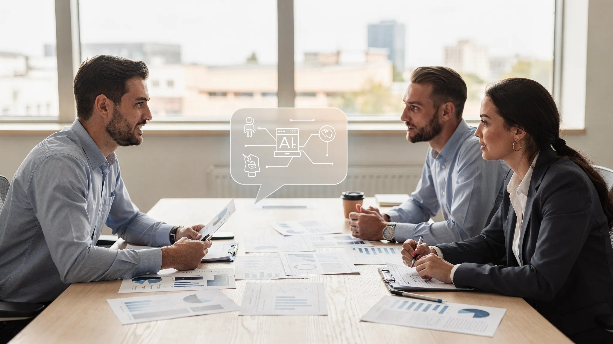 Une scène d’entreprise en PME montrant une équipe (direction, commercial, support) autour d’une table, avec des documents de travail et un assistant IA symbolisé par une bulle de texte neutre, illustrant la collaboration homme-machine sans écran au premier plan.