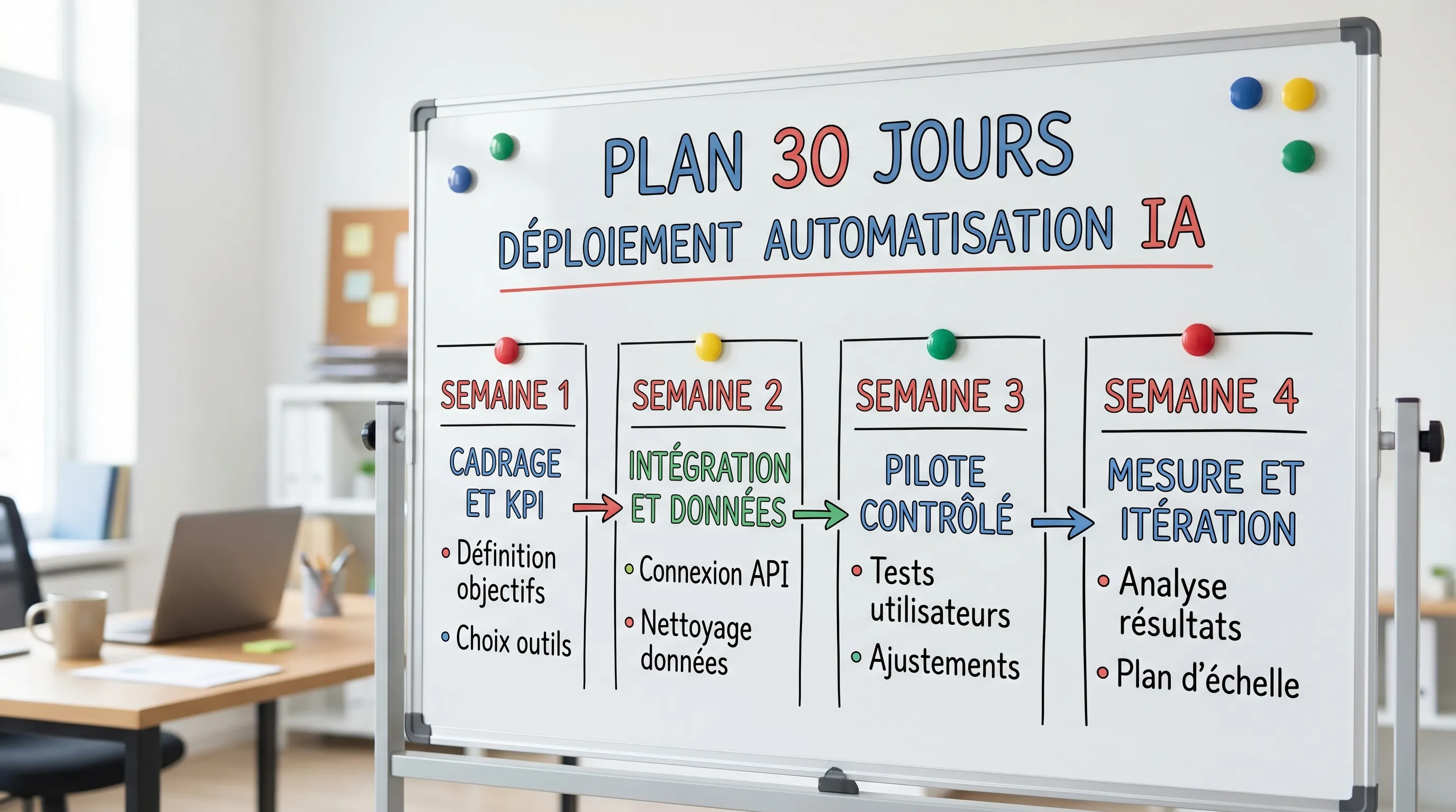 Schéma simple d’un plan 30 jours en 4 semaines pour déployer un workflow d’automatisation IA, avec les livrables clés par semaine : cadrage et KPI, intégration et données, pilote contrôlé, mesure et itération.