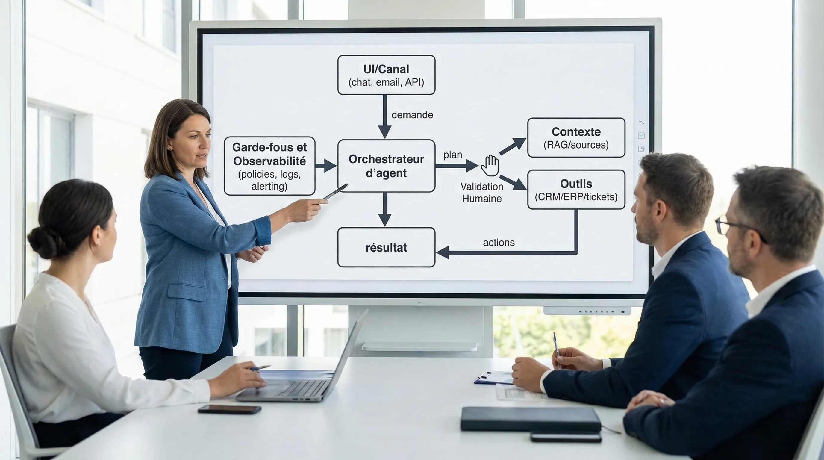 Schéma d’architecture d’un agent IA en entreprise avec 5 blocs: UI/Canal (chat, email, API), Orchestrateur d’agent, Contexte (RAG/sources), Outils (CRM/ERP/tickets), Garde-fous et Observabilité (policies, logs, alerting). Flèches montrant le flux “demande → plan → actions → résultat”, avec un point de validation humaine.