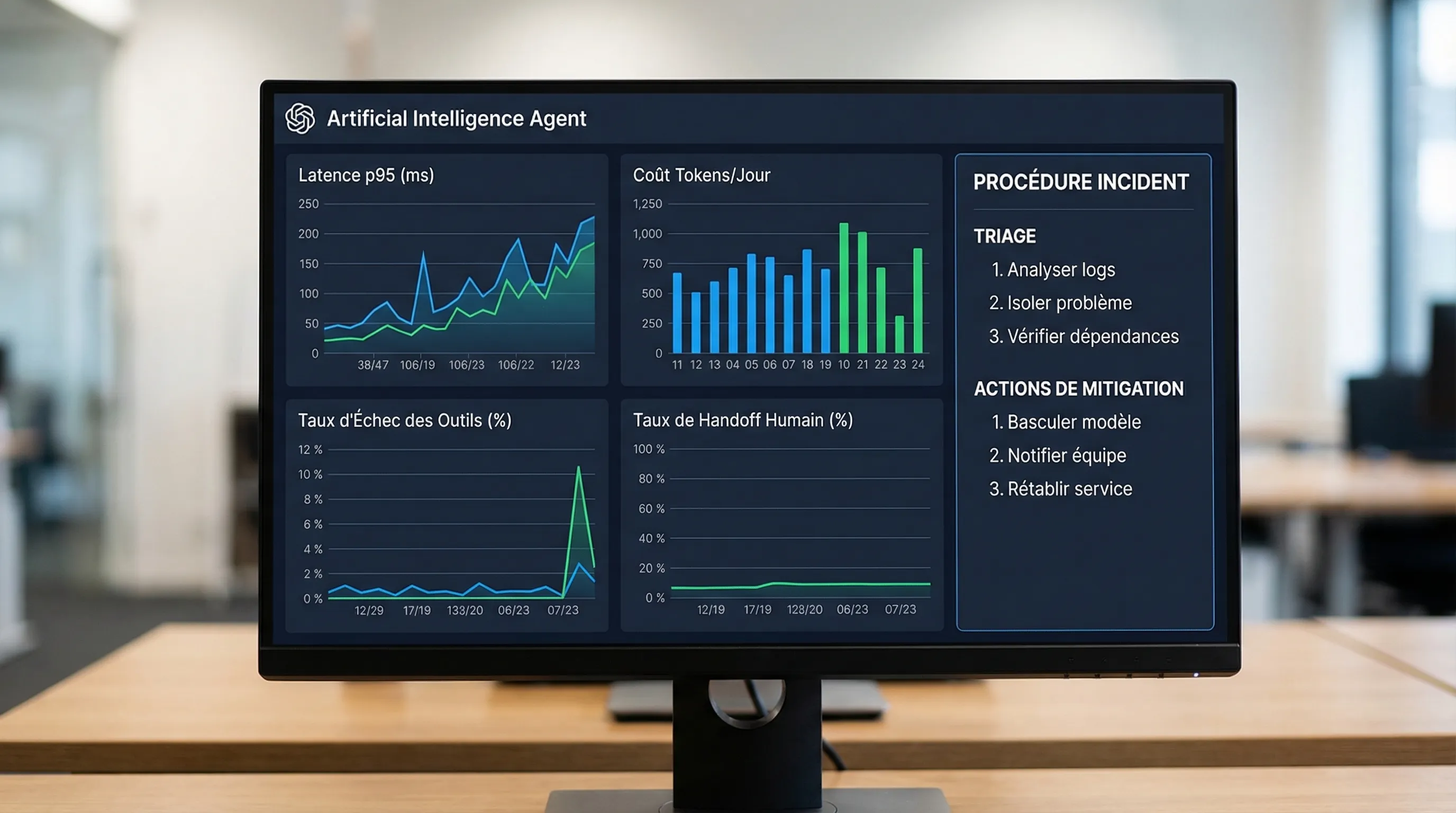 Vue opérationnelle type d’un tableau de bord et runbook pour agent IA: graphiques latence p95, coût tokens/jour, taux d’échec des outils, taux de handoff humain, et un encart “procédure incident” avec étapes de triage et actions de mitigation.