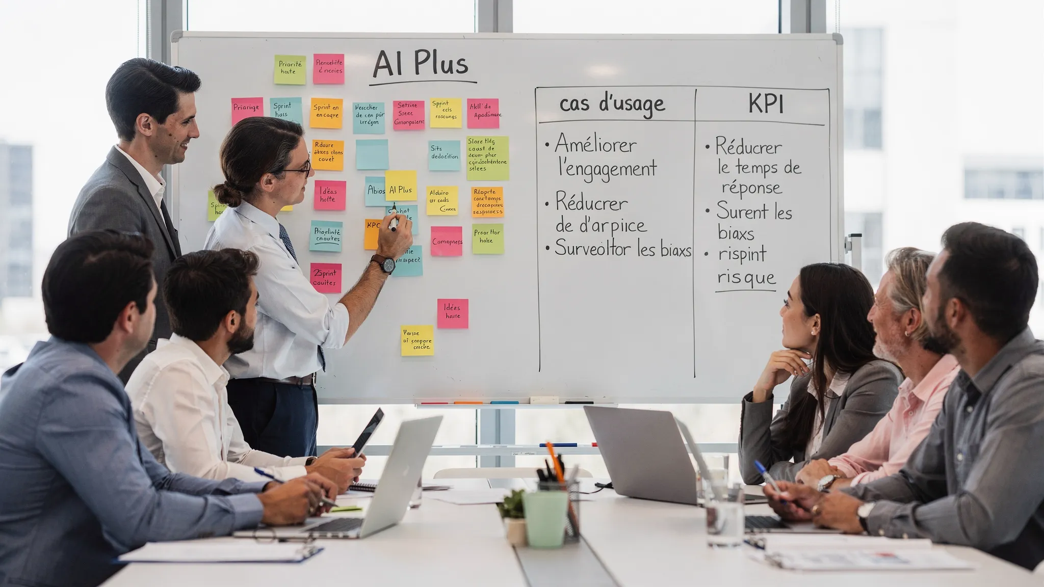 A team scene in a meeting around a whiteboard with post-its representing an AI Plus backlog, and a simple table showing three columns: use case, KPI, risk.