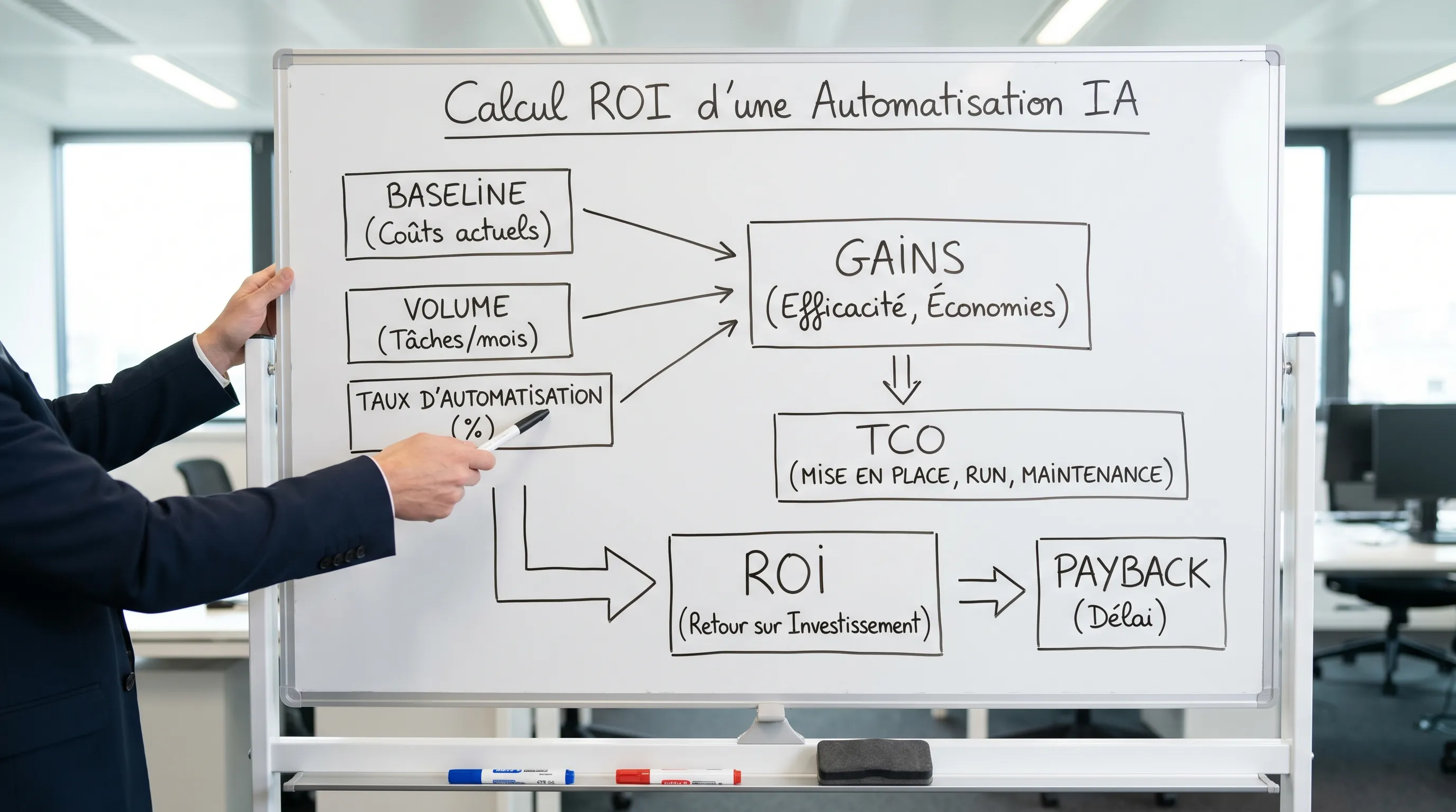 Simple diagram of the ROI calculation for an AI automation showing baseline, volume, automation rate, gains, TCO (implementation, run, maintenance), then ROI and payback.