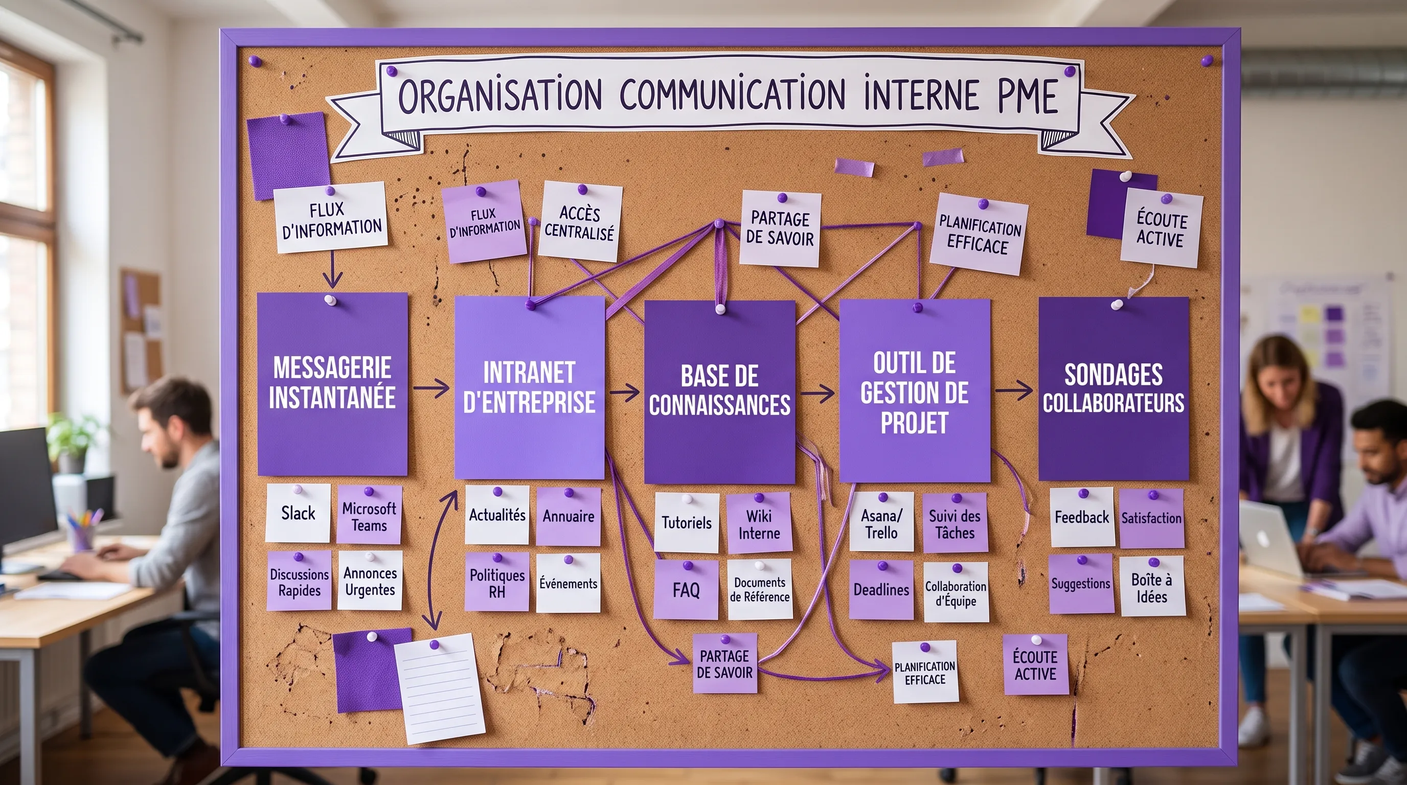 An SME organizes its internal communication channels on a wall board, with cards representing messaging, intranet, knowledge base, project tool, and employee surveys.