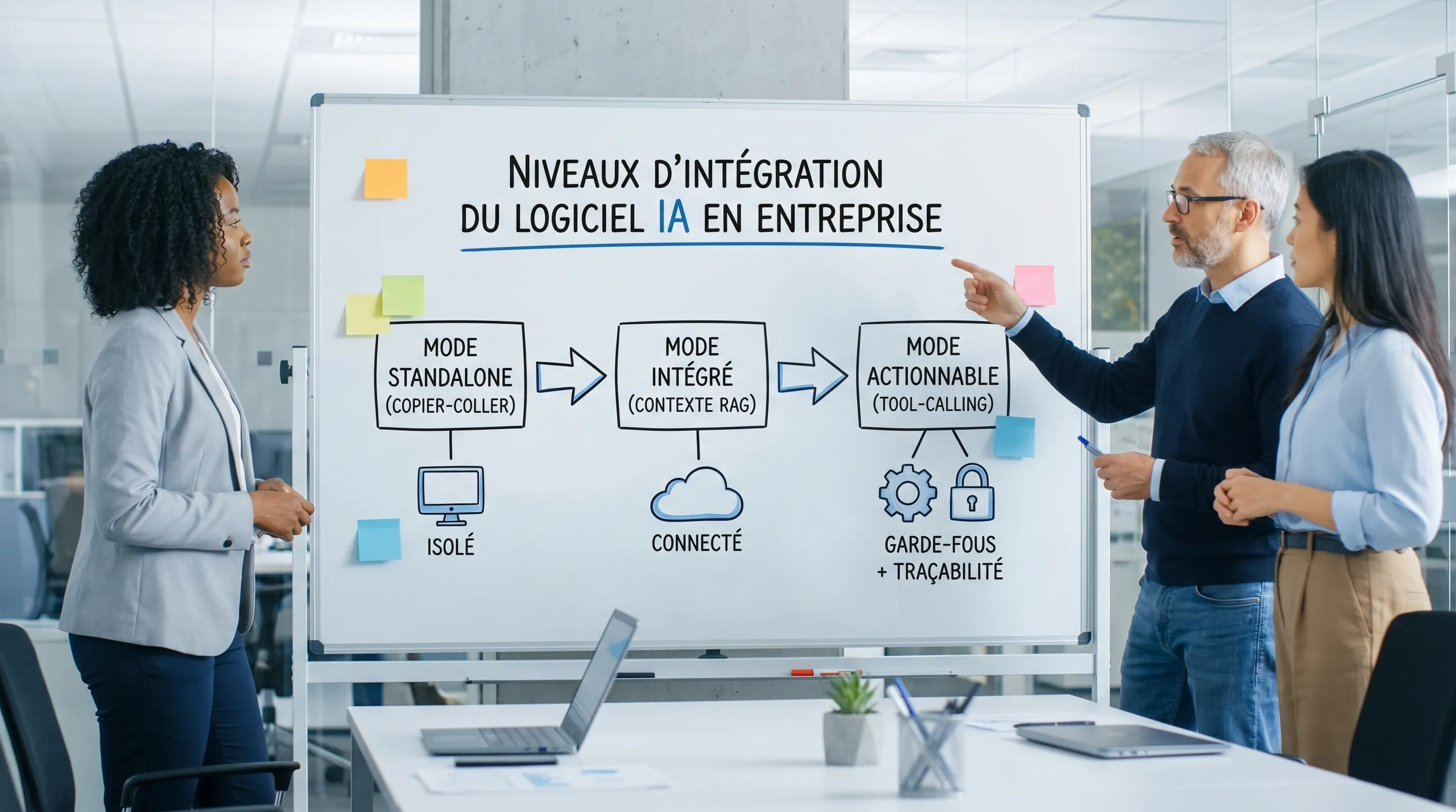 Schéma simple des niveaux d’intégration d’un software AI en entreprise, du mode standalone (copier-coller) au mode intégré (contexte RAG) puis actionnable (tool-calling) avec garde-fous et traçabilité.