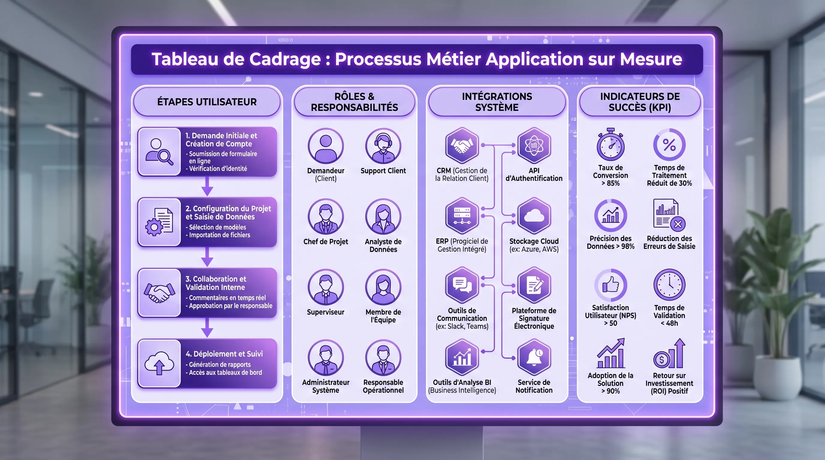 Un tableau de cadrage montre un processus métier avec les étapes utilisateur, les rôles, les intégrations et les indicateurs de succès d’une application sur mesure.