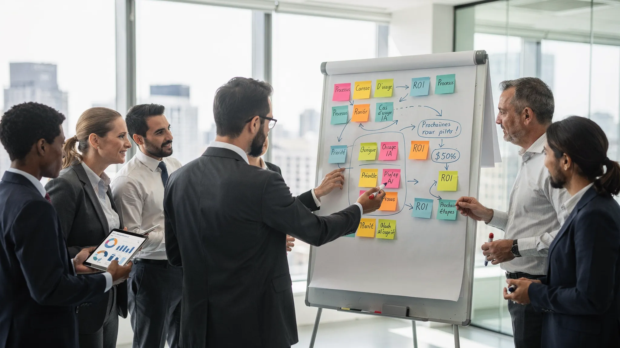 Une équipe de managers et de responsables métiers autour d’un tableau blanc, cartographiant des processus avec des post-its, des flèches et des métriques ROI pour identifier les meilleurs cas d’usage IA à piloter.