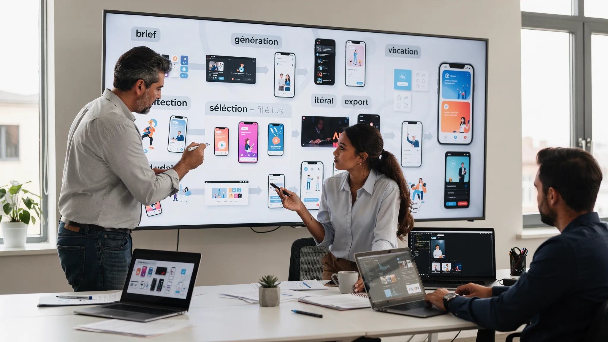 Une équipe produit (PM, designer, dev) travaille autour d’un tableau de conception avec des écrans de mockups et une bibliothèque d’assets visuels générés par IA, montrant un workflow clair : brief, génération, sélection, itération, export, validation.