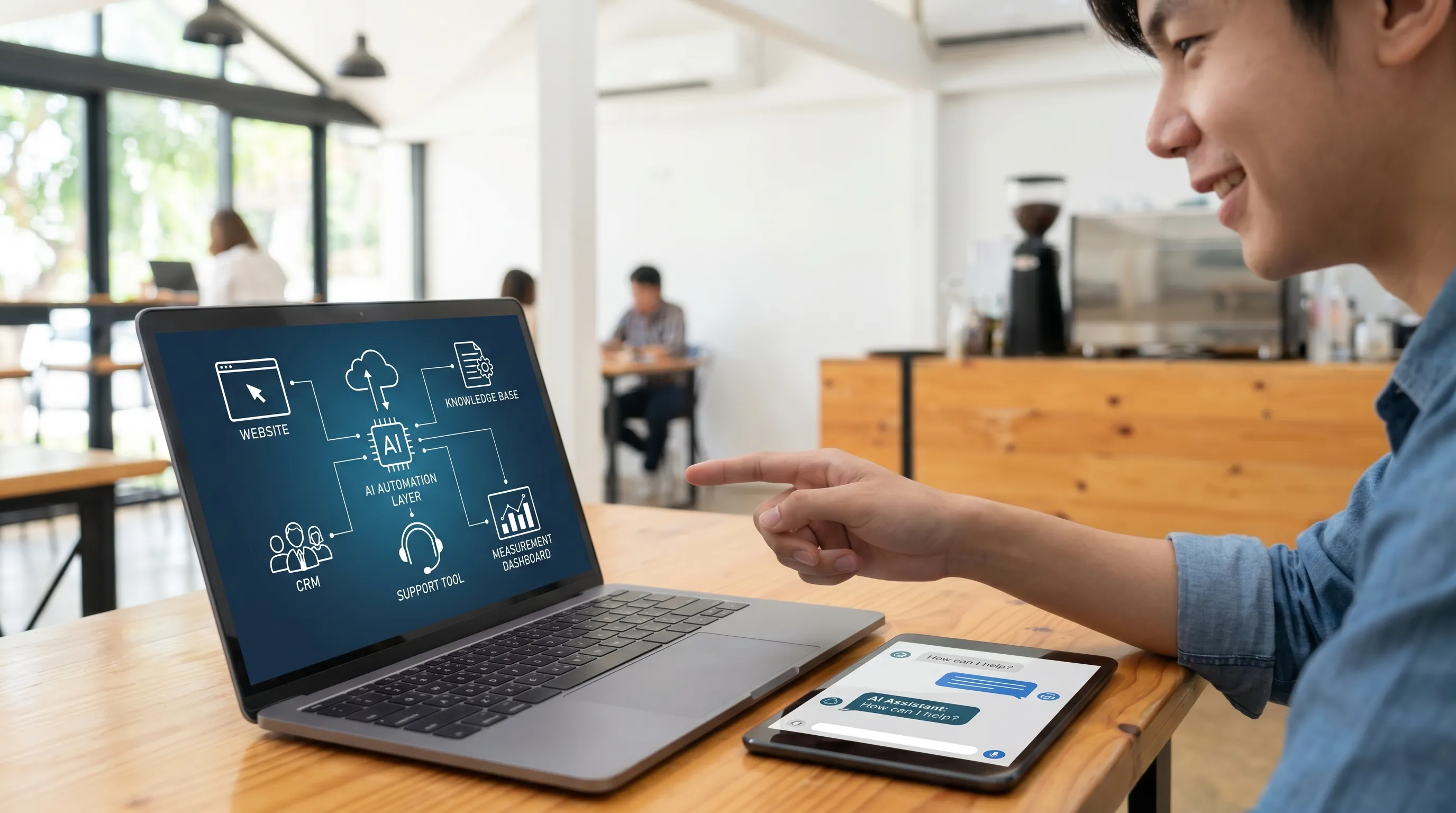 A visitor interacts with a website connected to an AI automation layer, which is itself linked to a knowledge base, a CRM, a support tool, and a measurement dashboard.