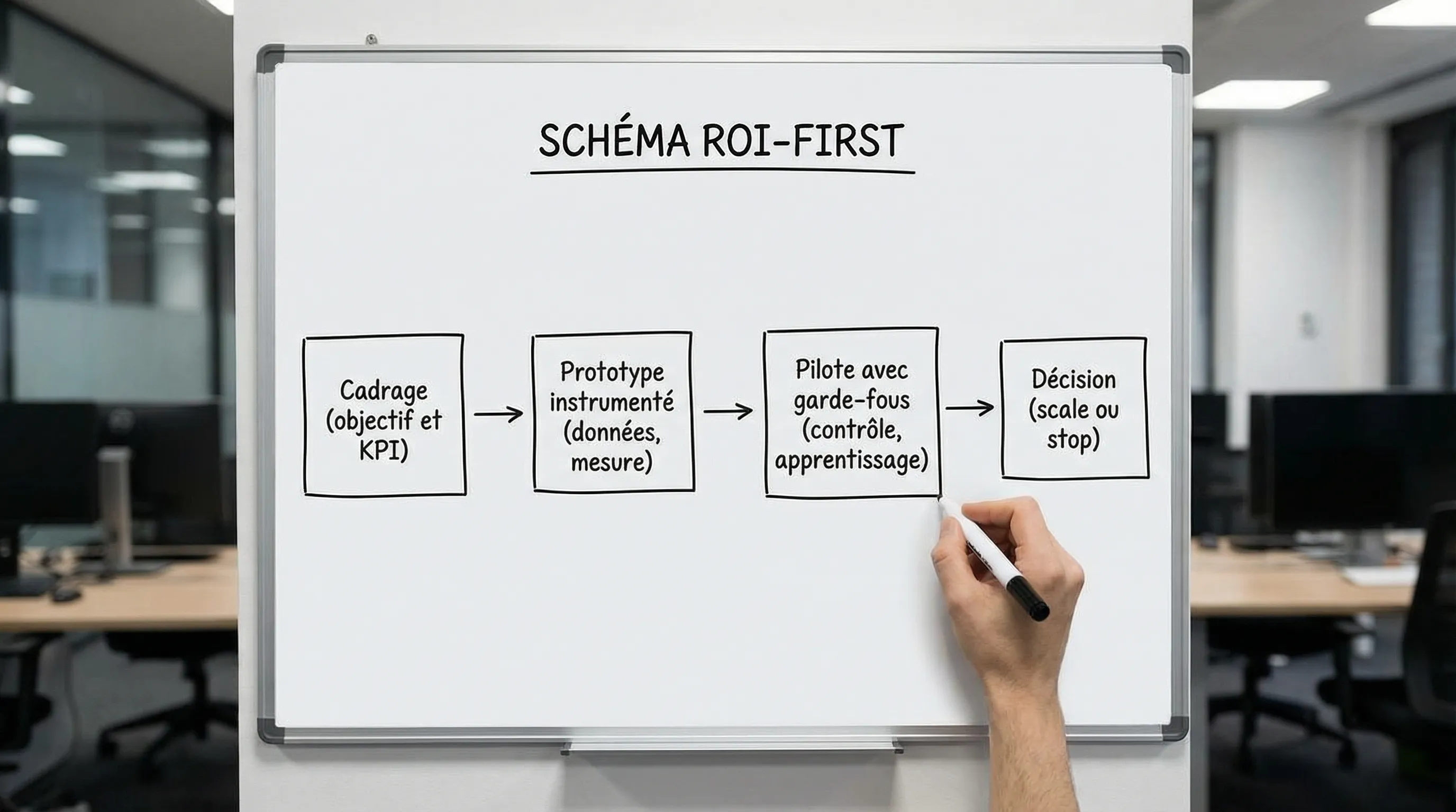 Simple diagram showing an ROI-first flow in 4 blocks: Scoping (objective and KPI) -> Instrumented Prototype -> Pilot with guardrails -> Decision (scale or stop). Each block contains 2-3 keywords.