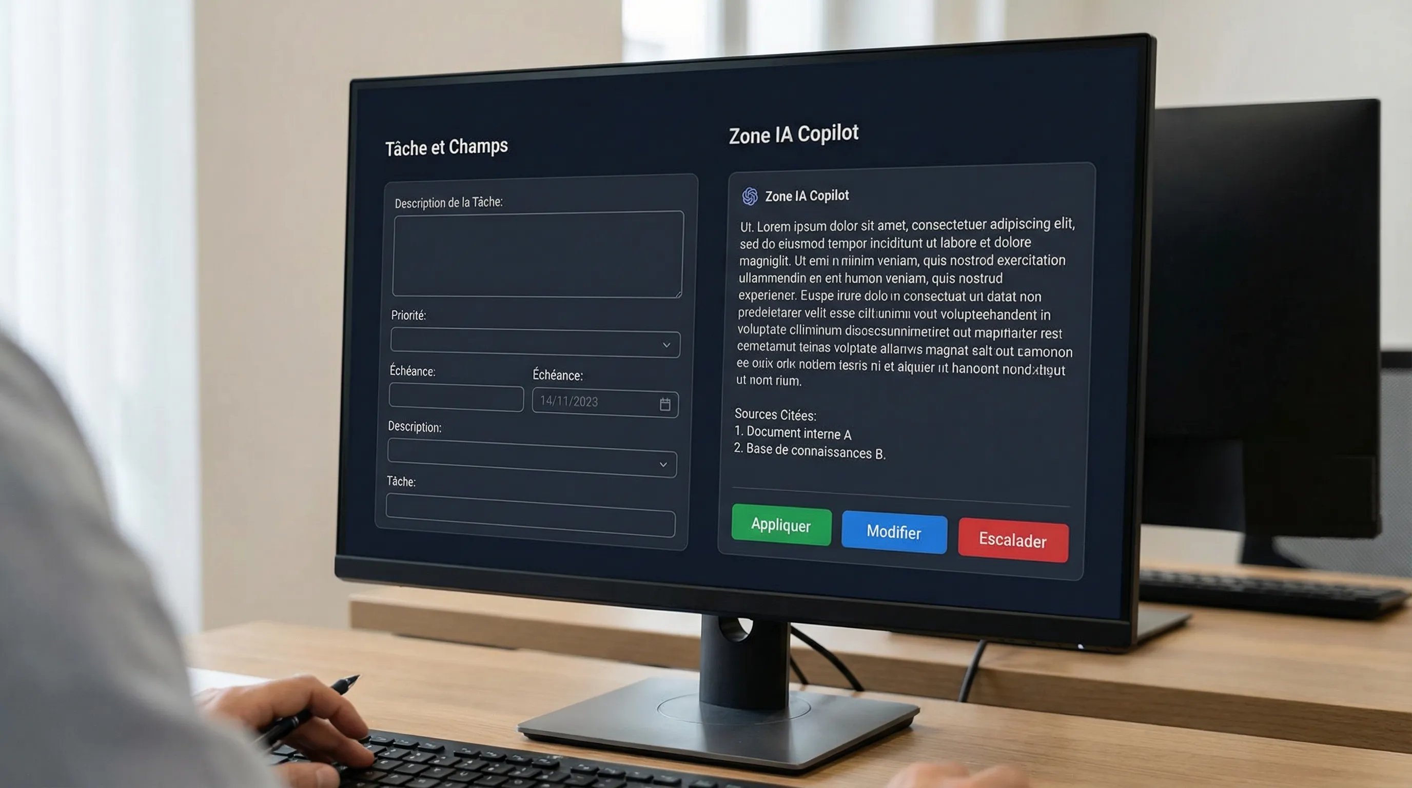 Illustration of a copilot screen: on the left the task and fields to fill, on the right an AI zone with response, cited sources, "Apply", "Modify", "Escalate" buttons. The elements are clearly separated.