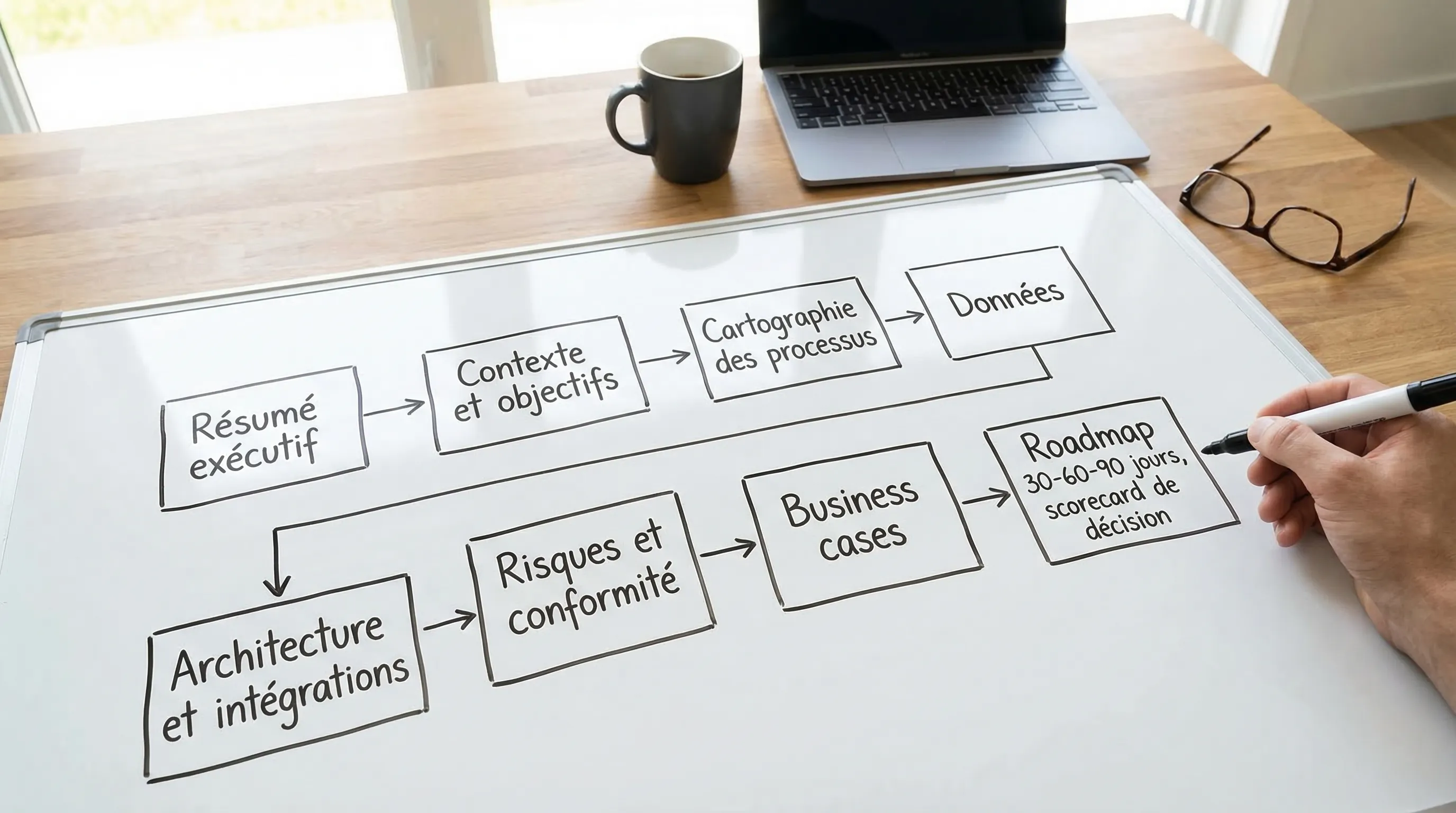 Simple diagram of an AI audit report in 8 blocks: executive summary, context and objectives, process mapping, data, architecture and integrations, risks and compliance, business cases, 30-60-90 day roadmap, decision scorecard.